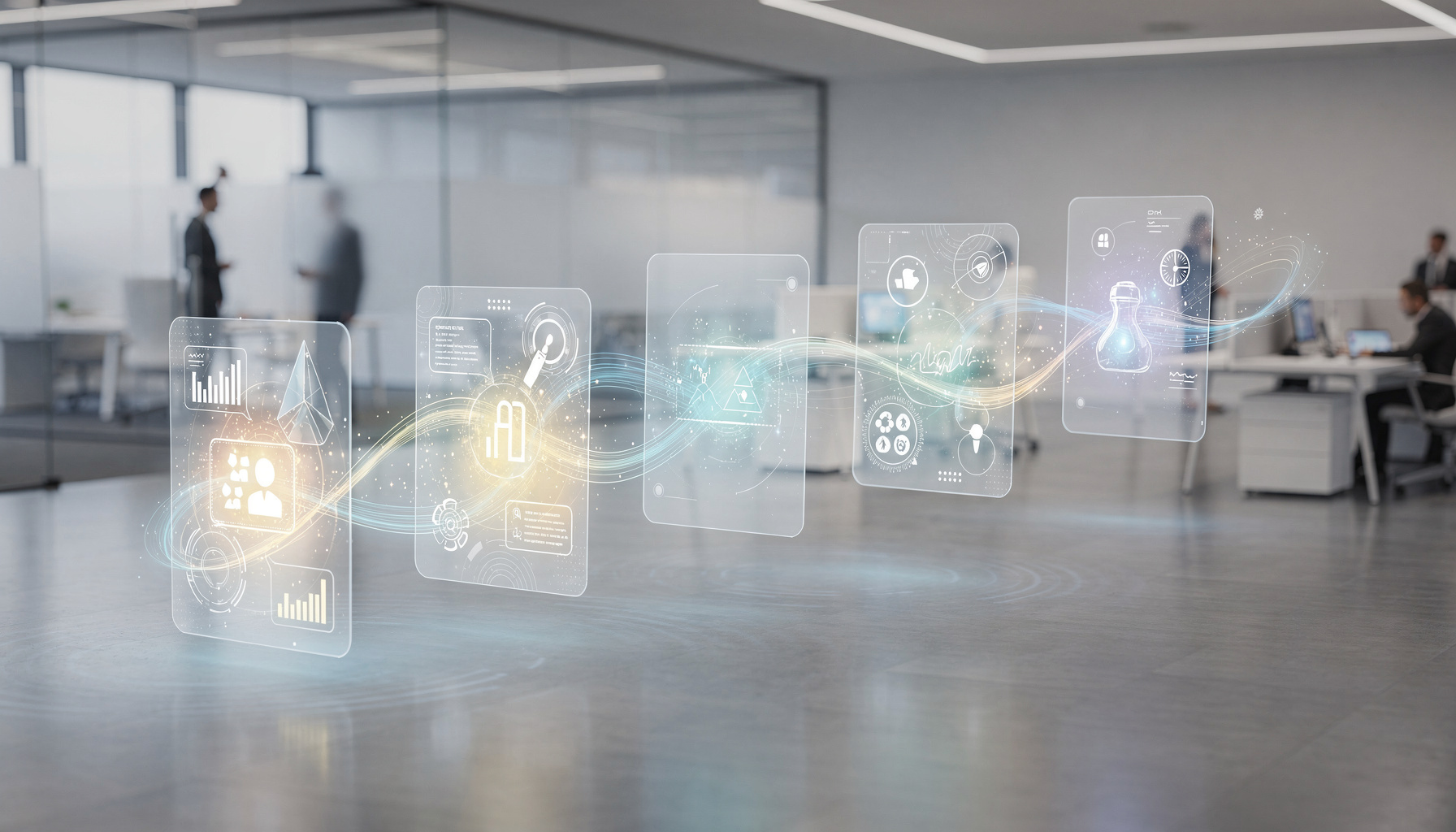 Visualisatie van de 7 fasen AI implementatie in bedrijfsprocessen met digitale workflow displays