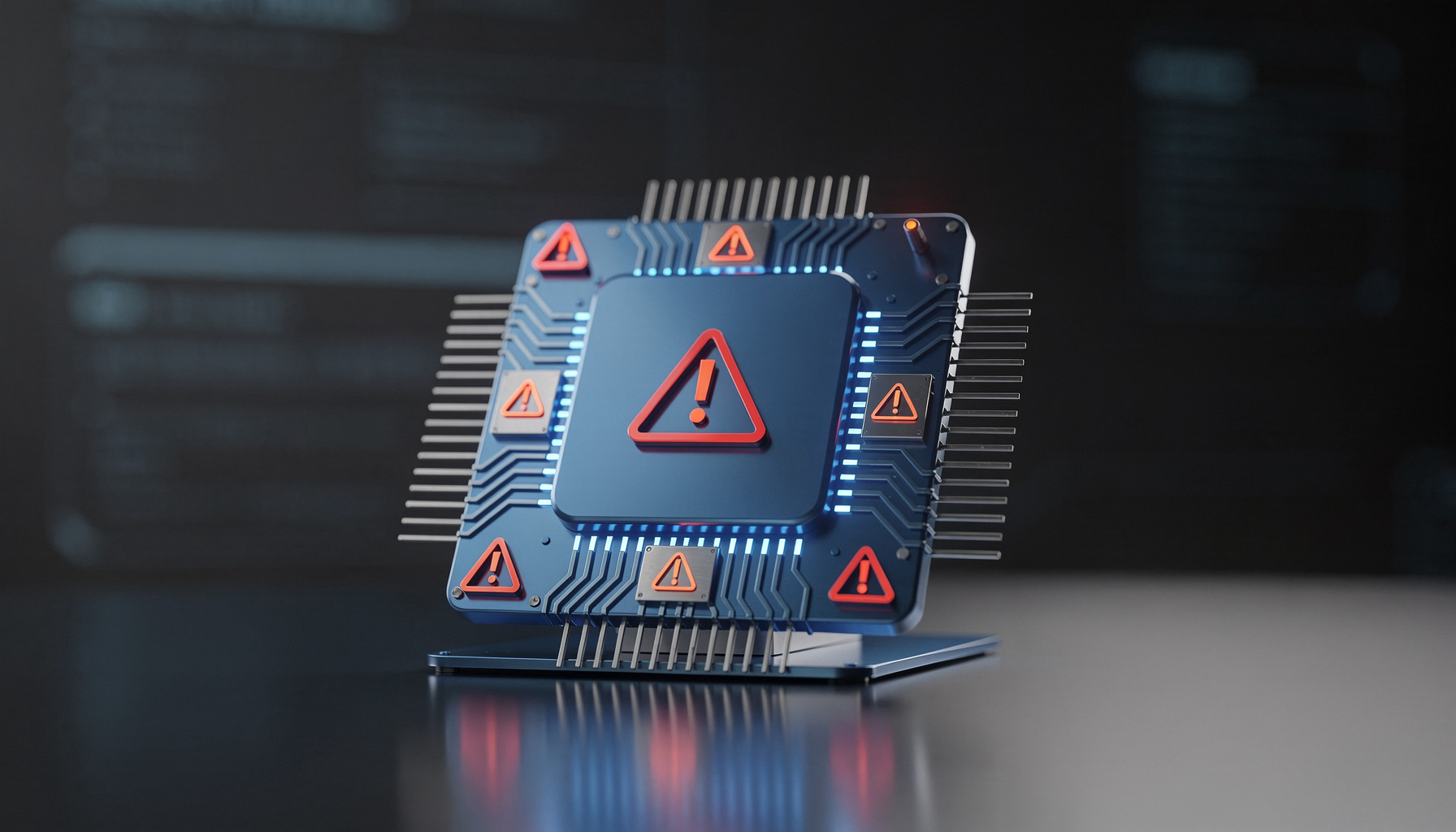 Visualisatie waarom AI gevaarlijk is met technologische waarschuwingssymbolen en risico-indicatoren