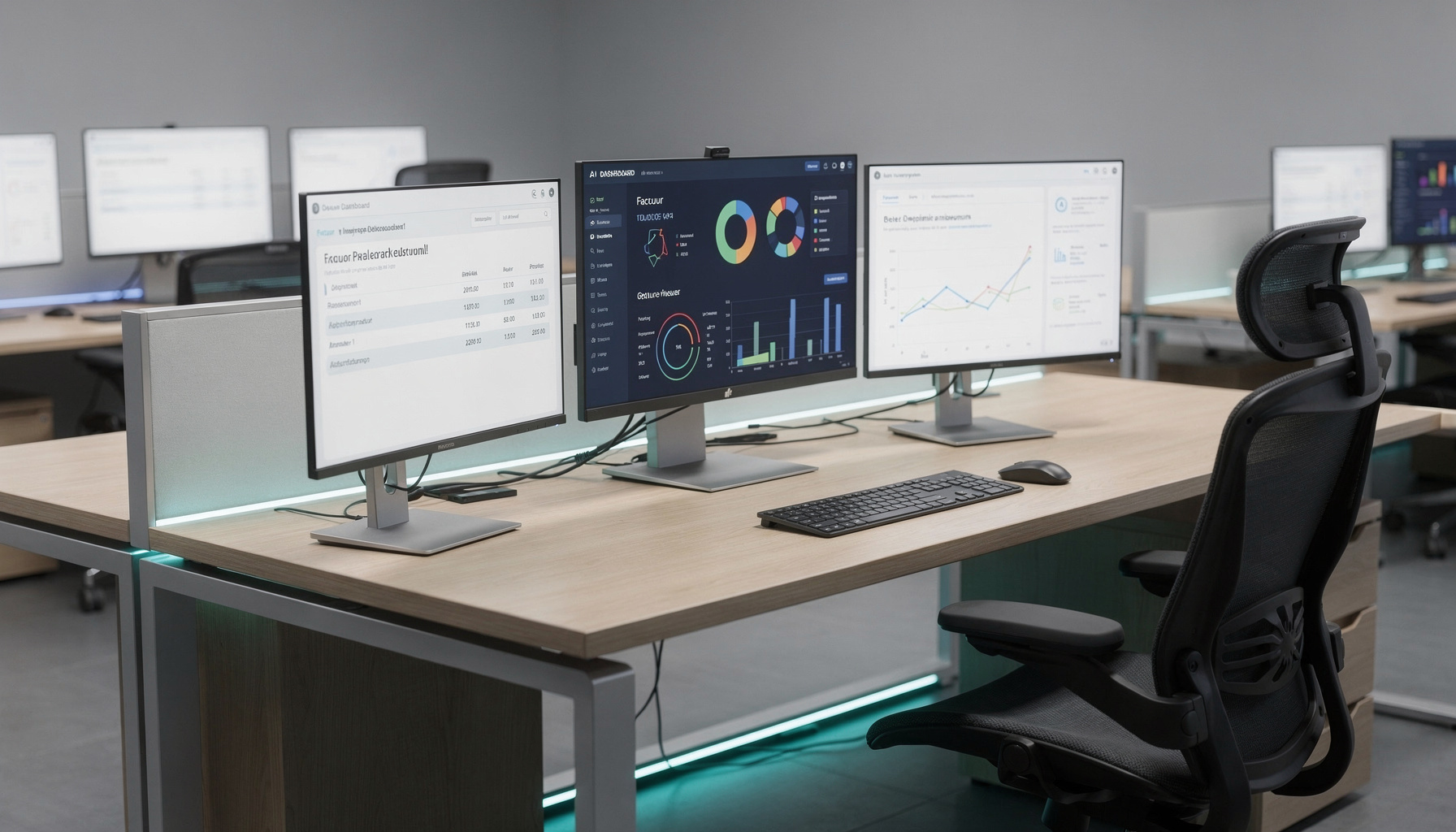 De 4 processen van AI gevisualiseerd in moderne bedrijfsomgeving met data-analyse