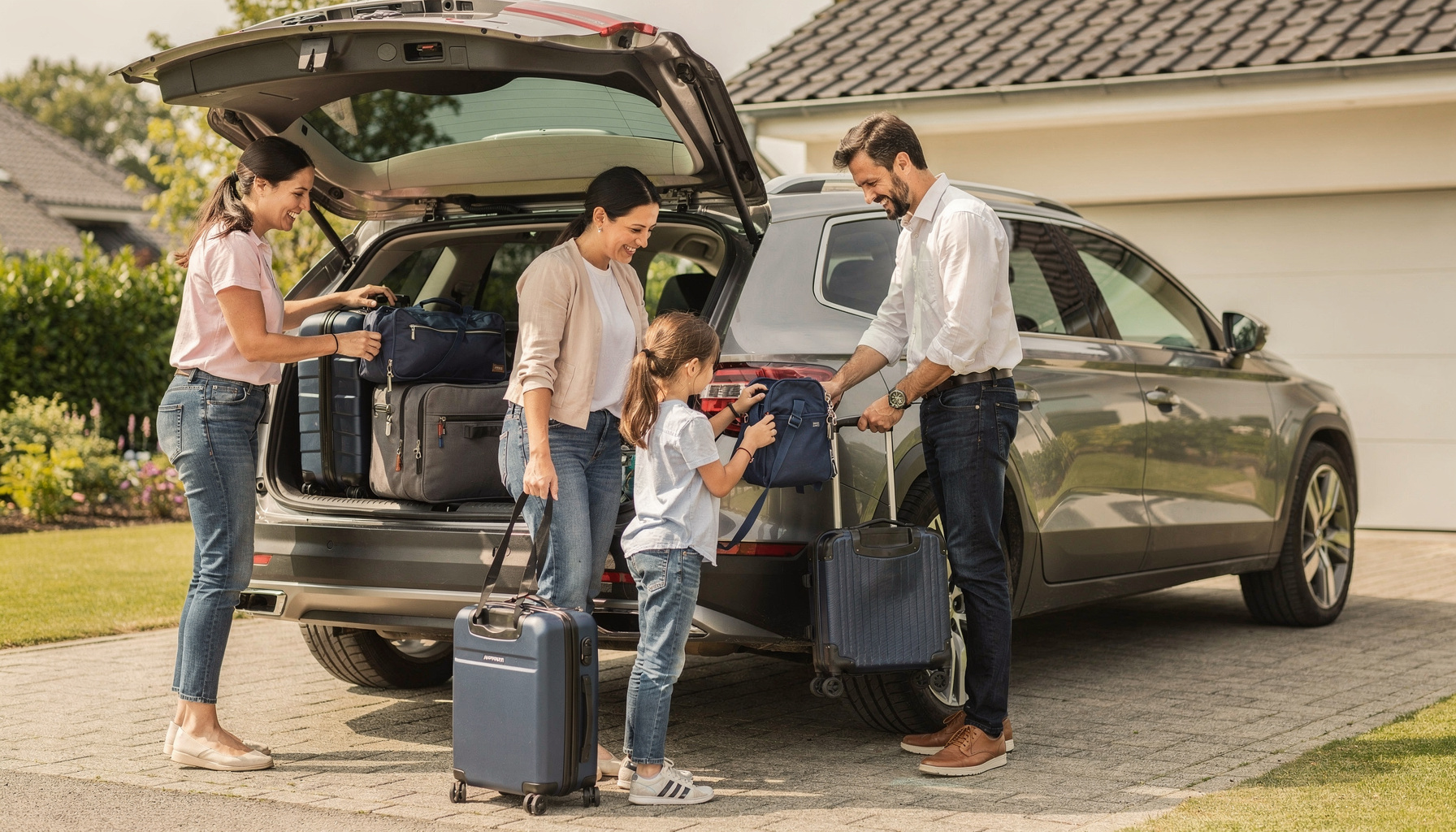 Gezin bij een ruime SUV voor private lease, kofferbak open met bagage