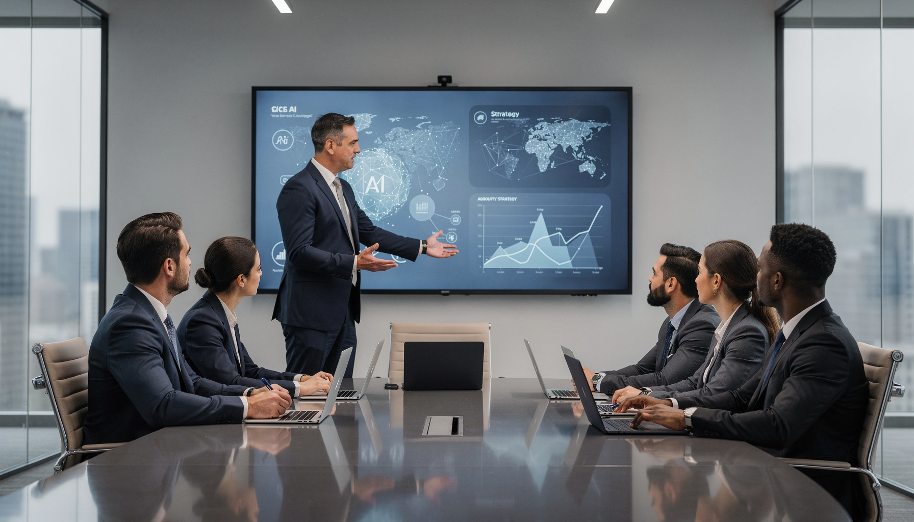 Team bespreekt fouten bij AI-strategie implementatie aan de hand van een digitaal dashboard