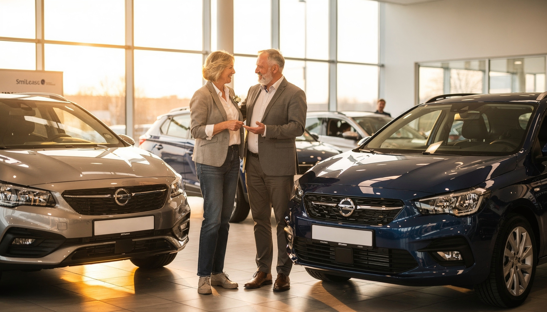 Senior koppel vergelijkt private lease en kopen van een auto bij een dealer