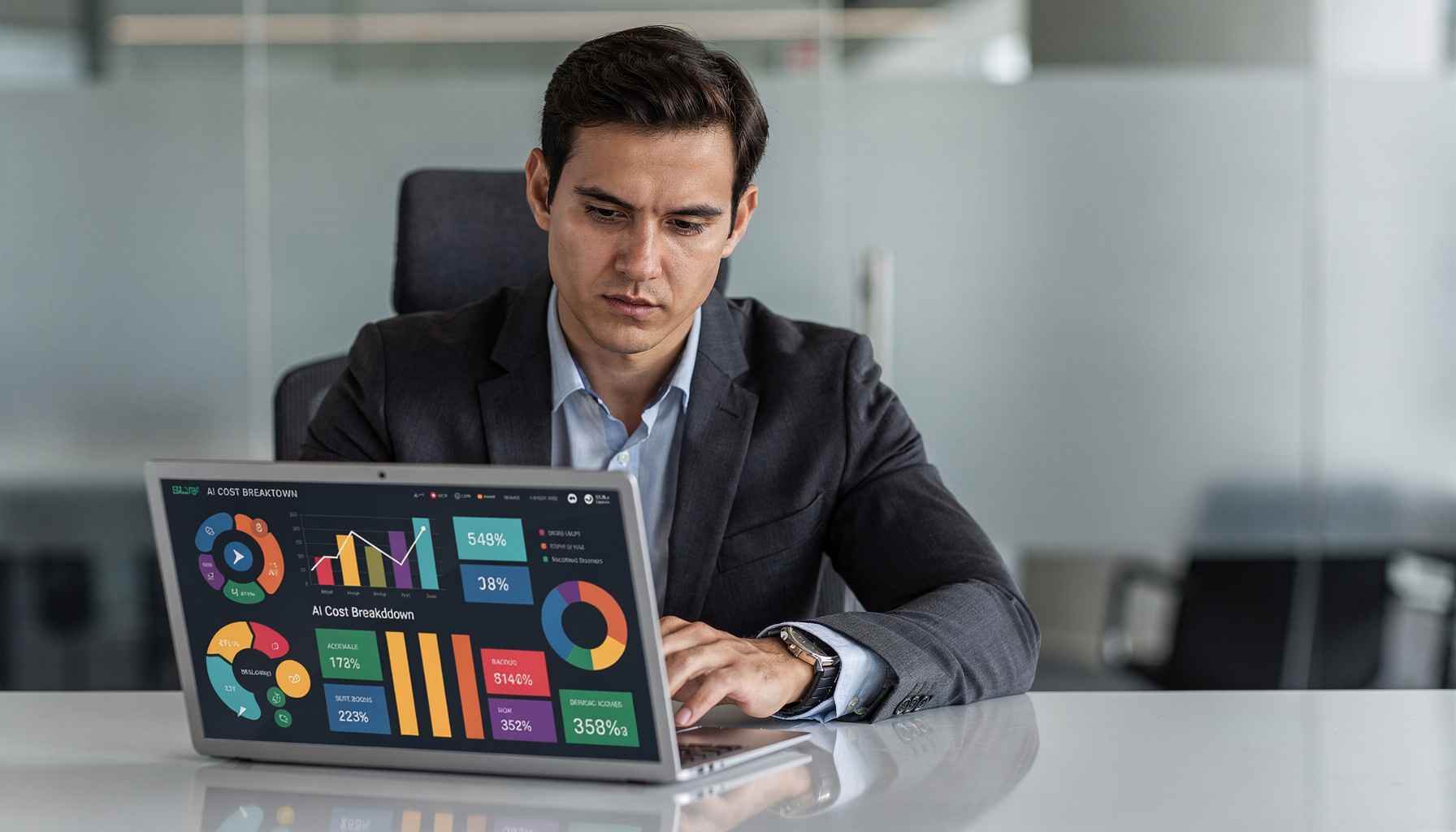 Kosten AI implementatie berekenen met budgetoverzicht en ROI-grafiek op laptop