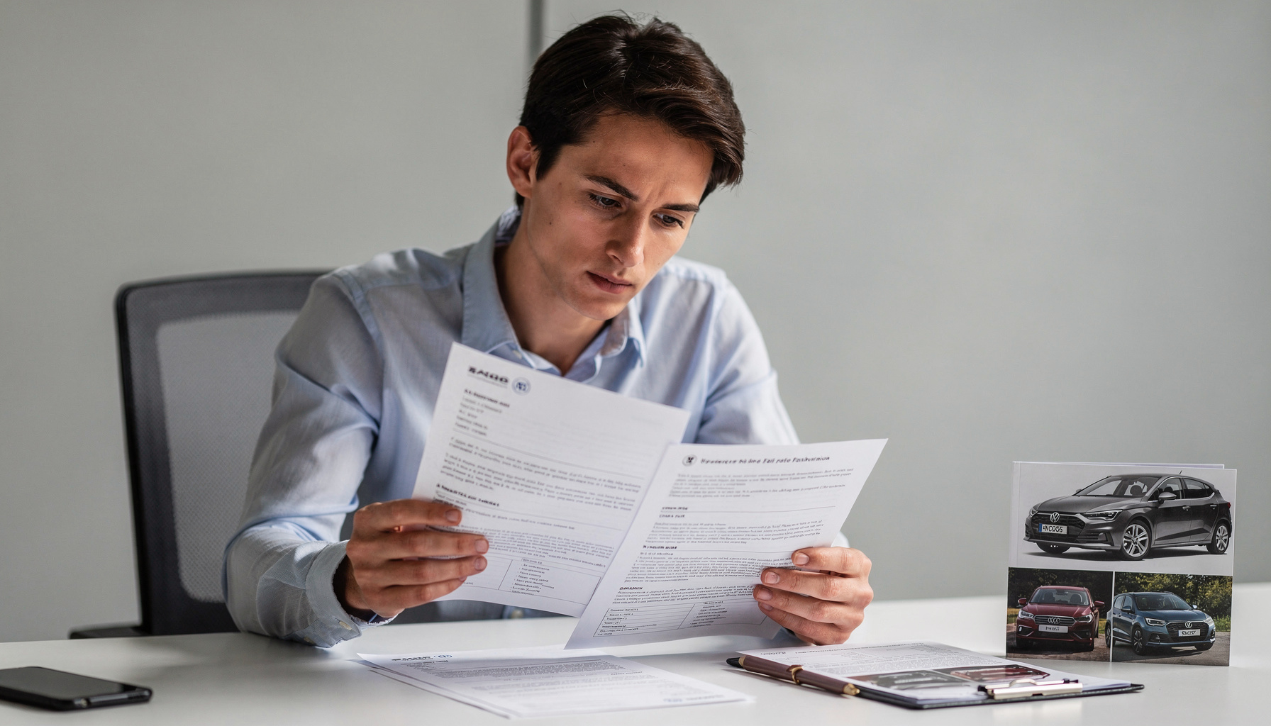 Man leest private lease contract aandachtig door om verborgen kosten te ontdekken