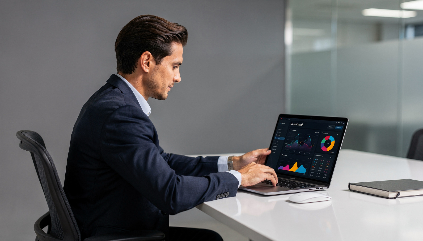Professional volgt AI opleiding HBO deeltijd op laptop met data-visualisaties op scherm