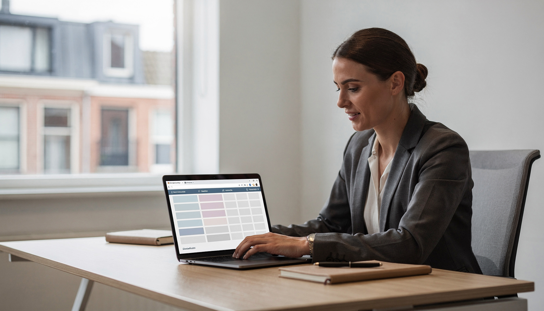 Manager gebruikt checklist data-gedreven besluitvorming op laptop in modern kantoor