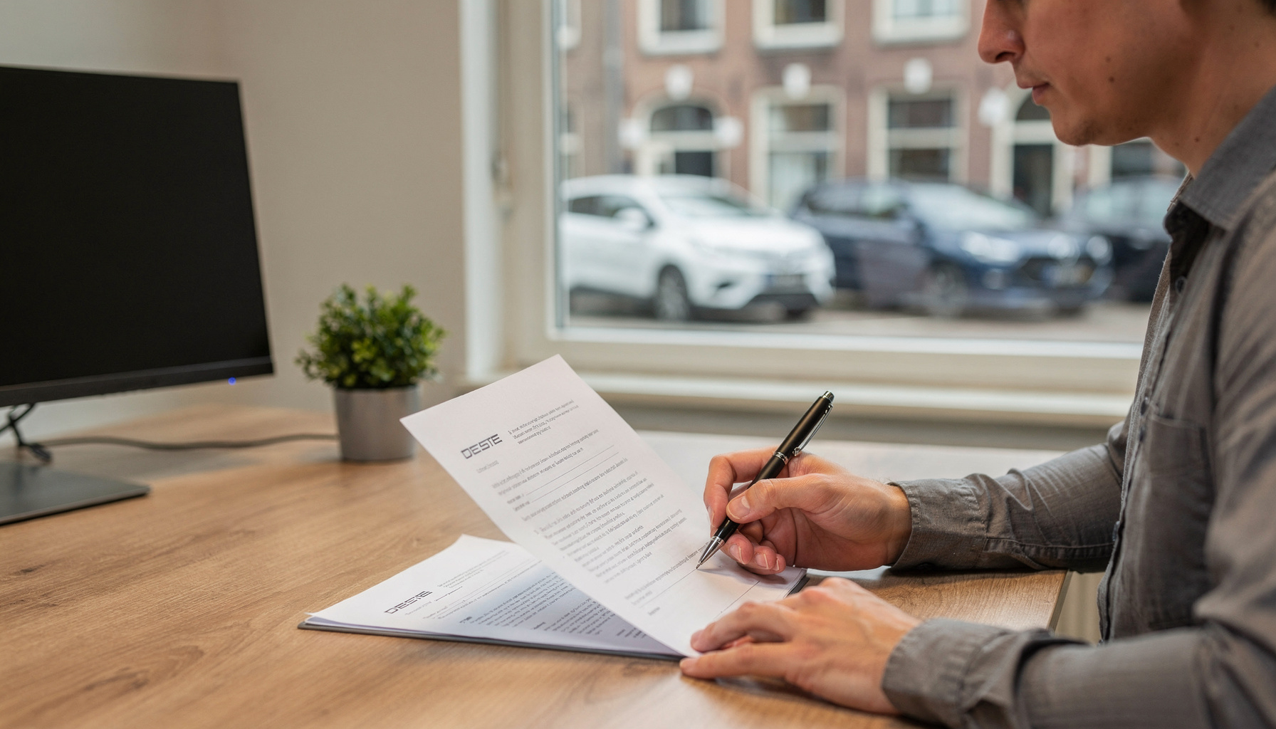 Man leest private lease contract door op zoek naar verborgen kosten private lease