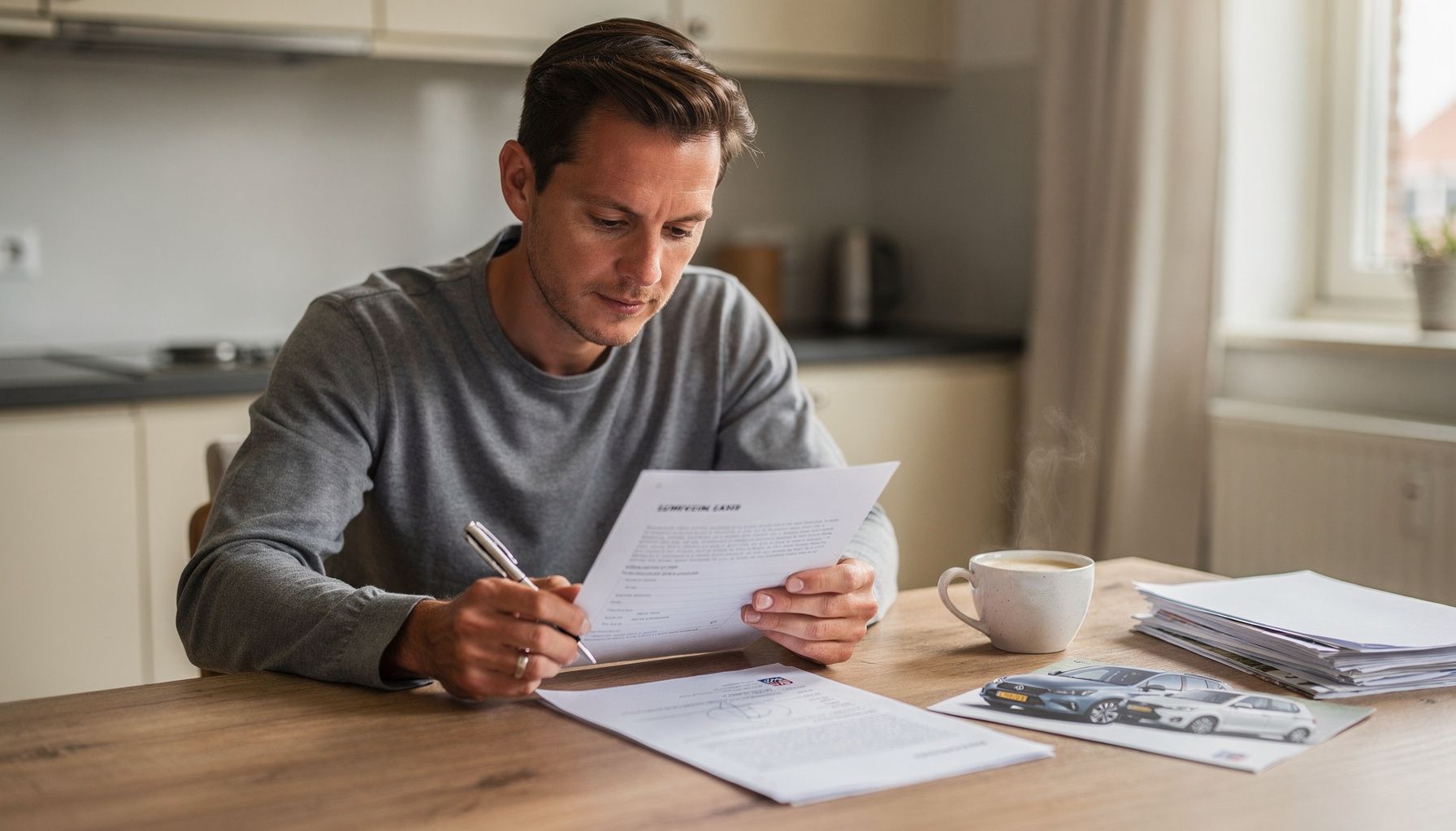 Man leest private lease contract door aan tafel om fouten private lease te voorkomen