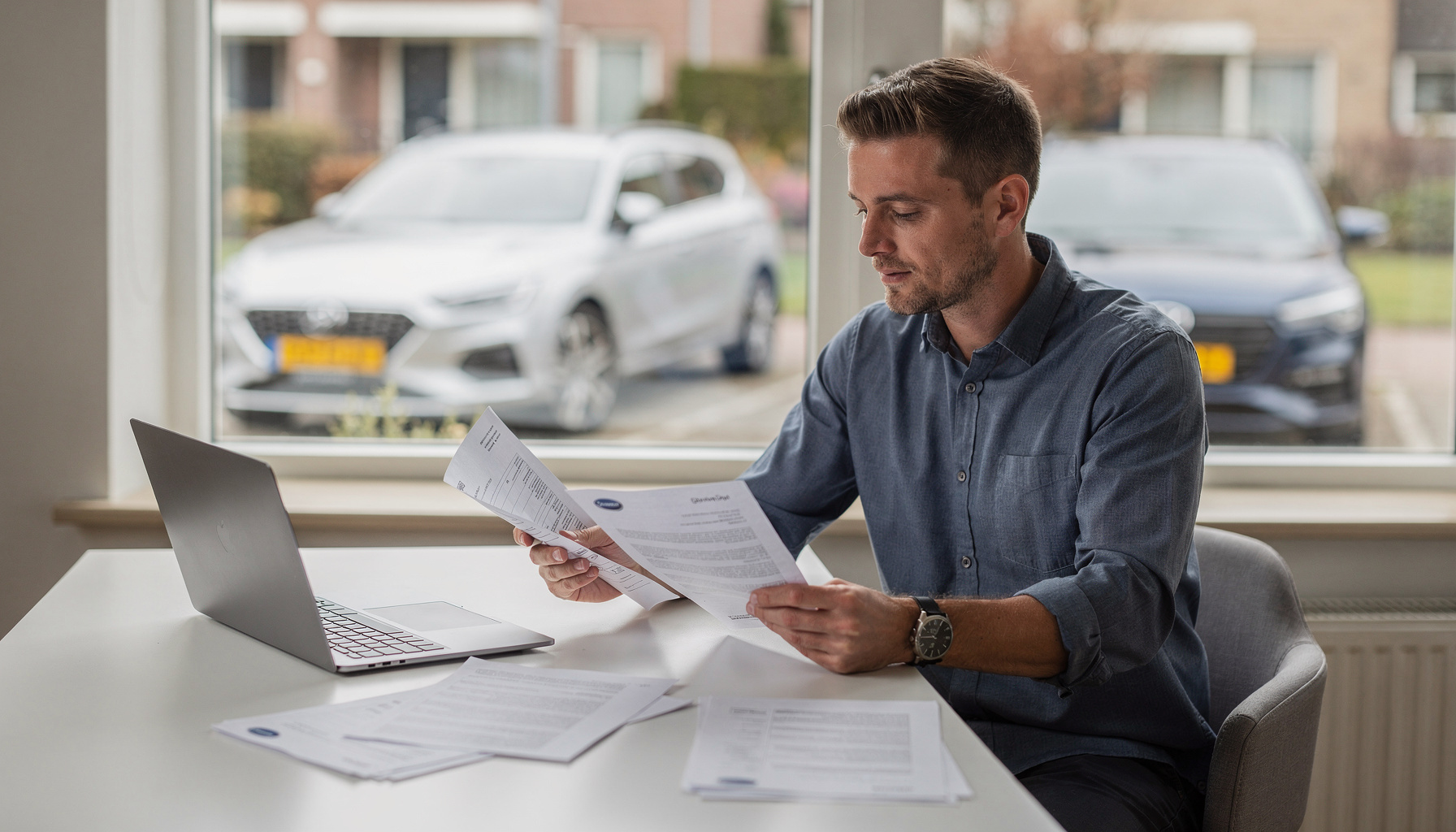 Persoon vergelijkt private lease contracten op tafel met factoren die de prijs bepalen