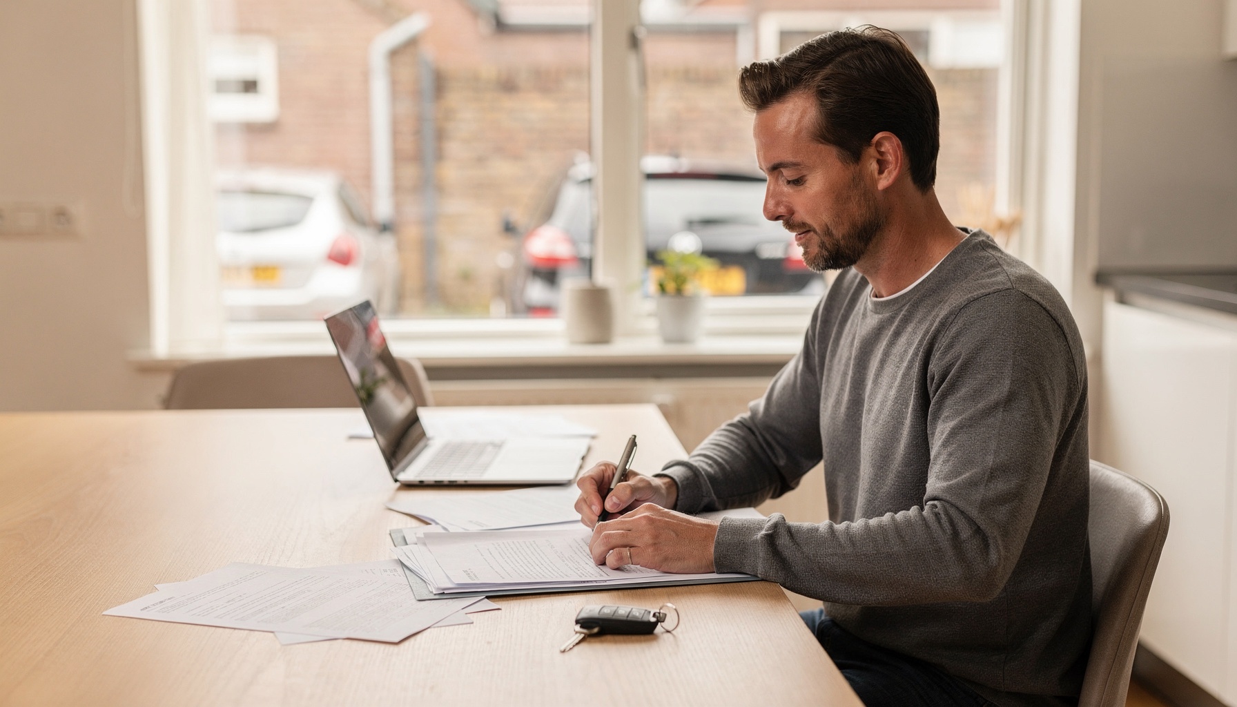 Persoon vergelijkt private lease en auto kopen aan keukentafel, is private lease weggegooid geld