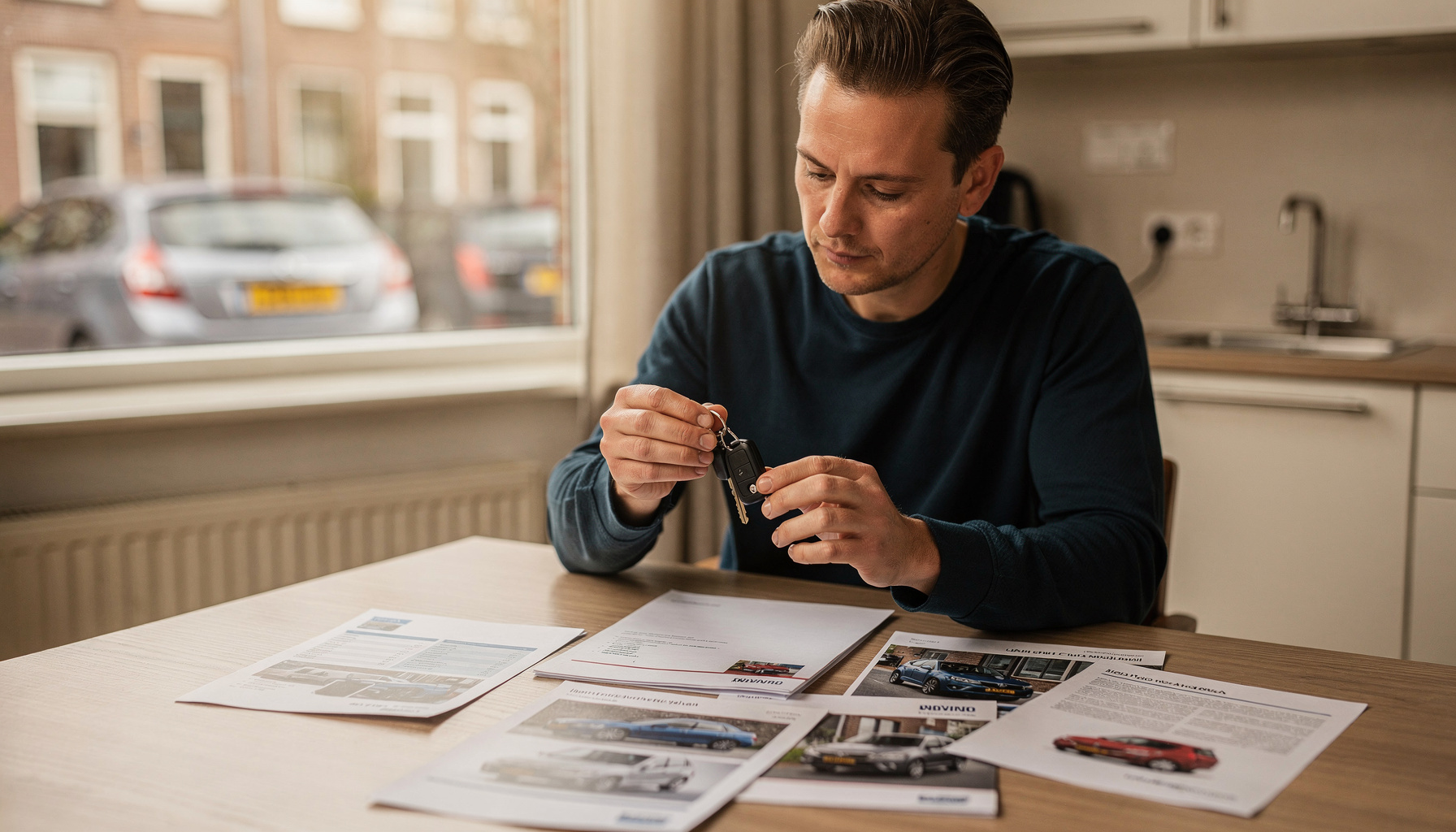 Vergelijking auto financieren of private lease aan keukentafel met documenten en autosleutels