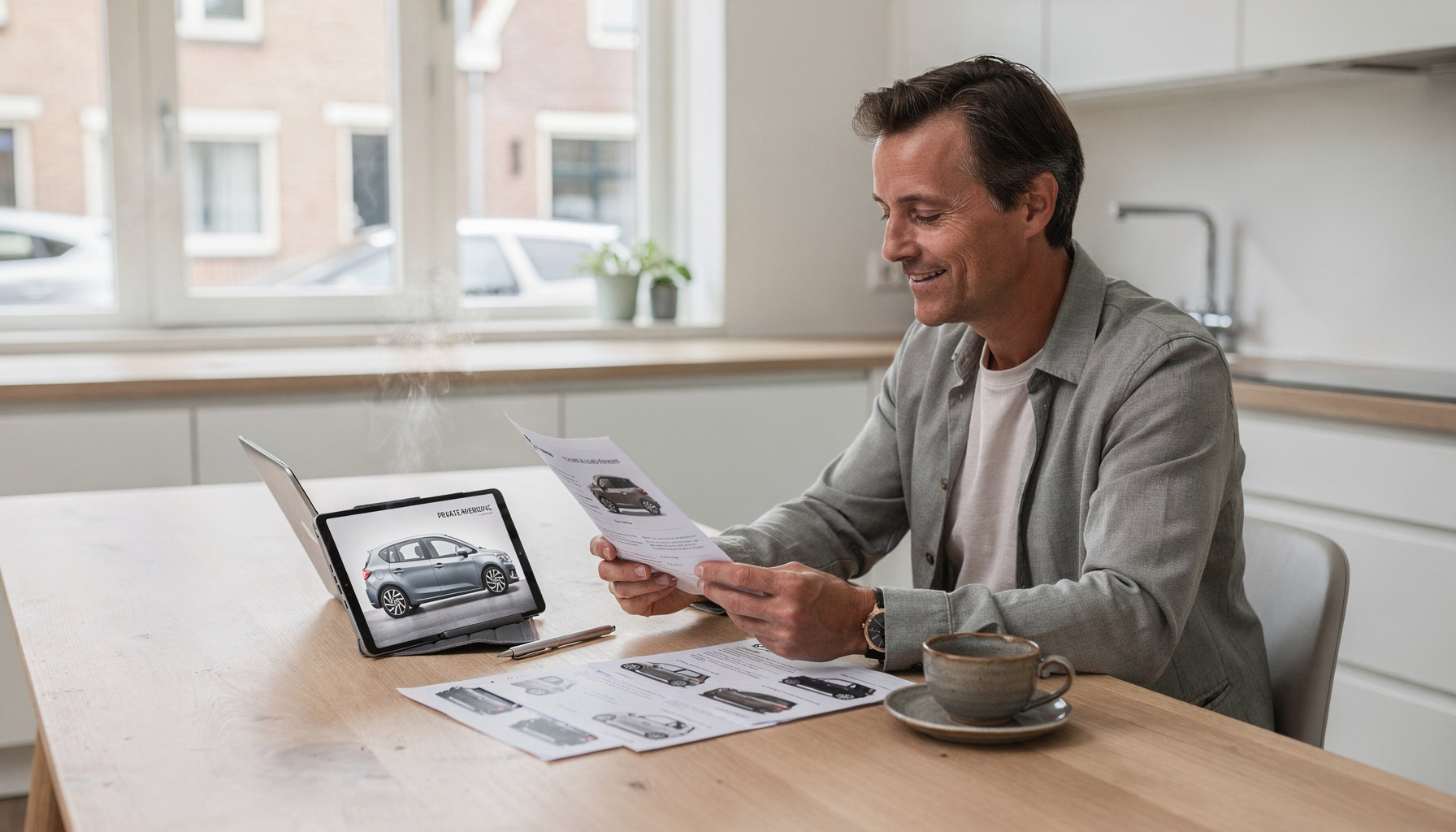Persoon die private lease contract doorleest met checklist om te besparen op private lease