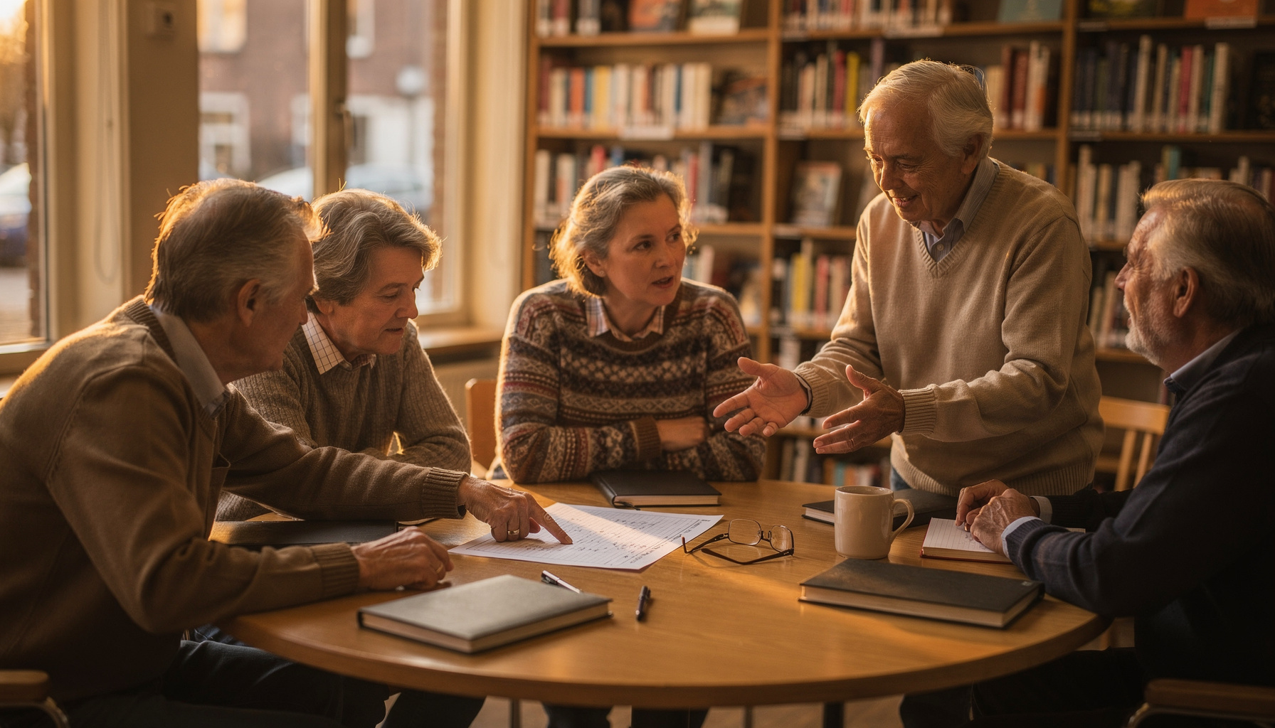 Oudere cursisten bespreken samen een werkblad aan een ronde tafel tijdens een AI-cursus voor senioren