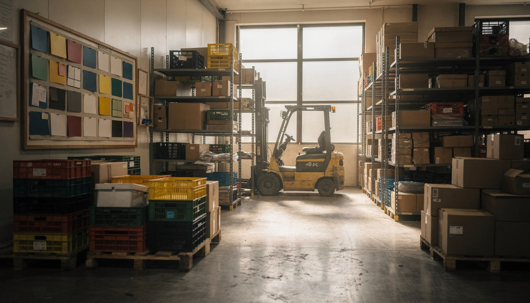 Rustige distributievloer met stellingen, pallets en een planbord, met ochtendlicht door hoge ramen