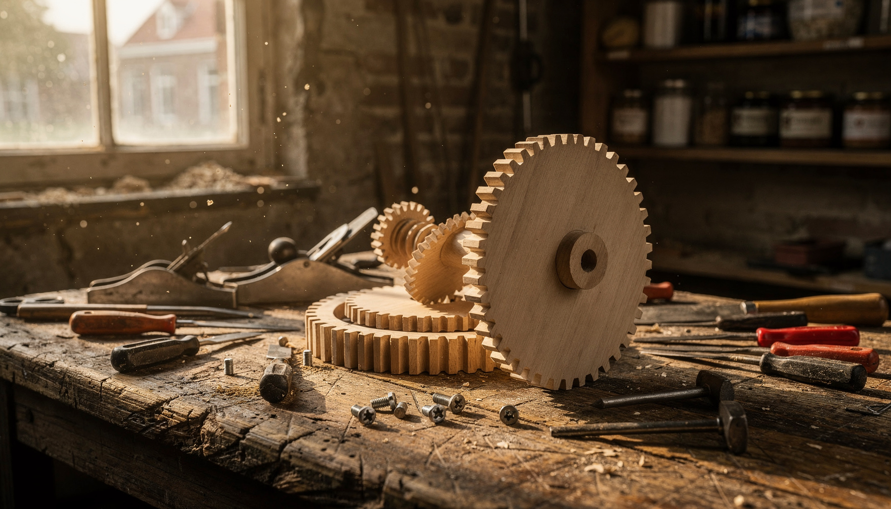 Werkbank met houten tandwielen waarvan er één scheef ligt tussen het overige gereedschap.
