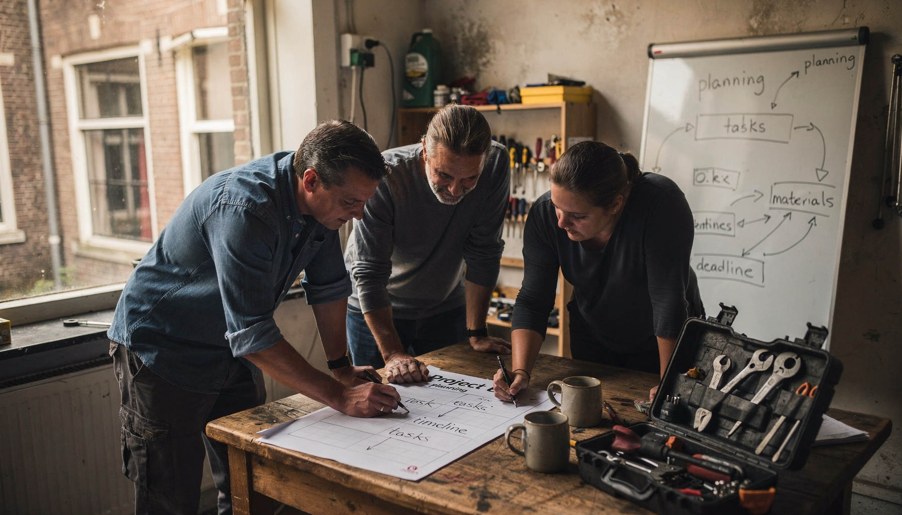 Collega's overleggen aan een tafel in een werkplaats terwijl ze samen aantekeningen maken naast gereedschap.