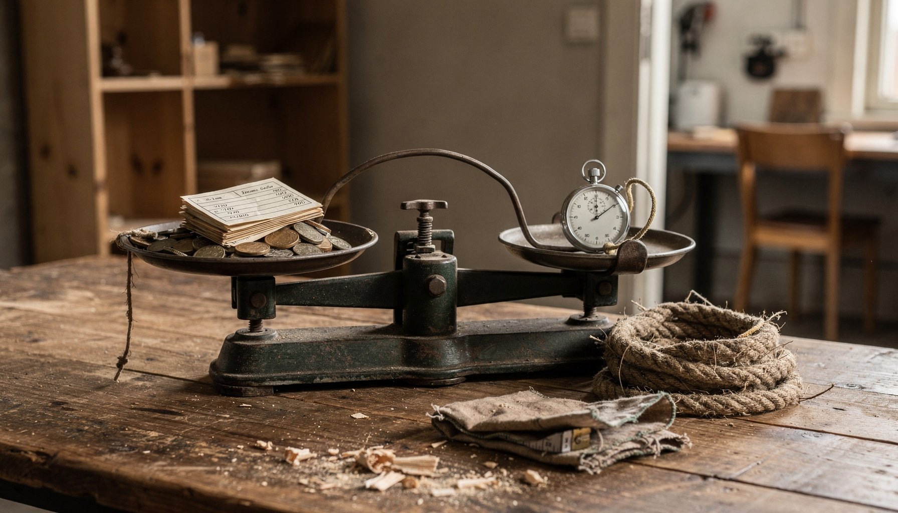 Een ouderwetse weegschaal balanceert tijdkaarten en munten tegen een stopwatch op een houten werktafel.