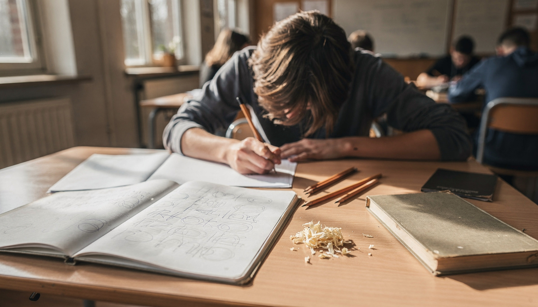 Een leerling schrijft met de hand in een schrift op een houten schoolbank vol boeken en potloden.
