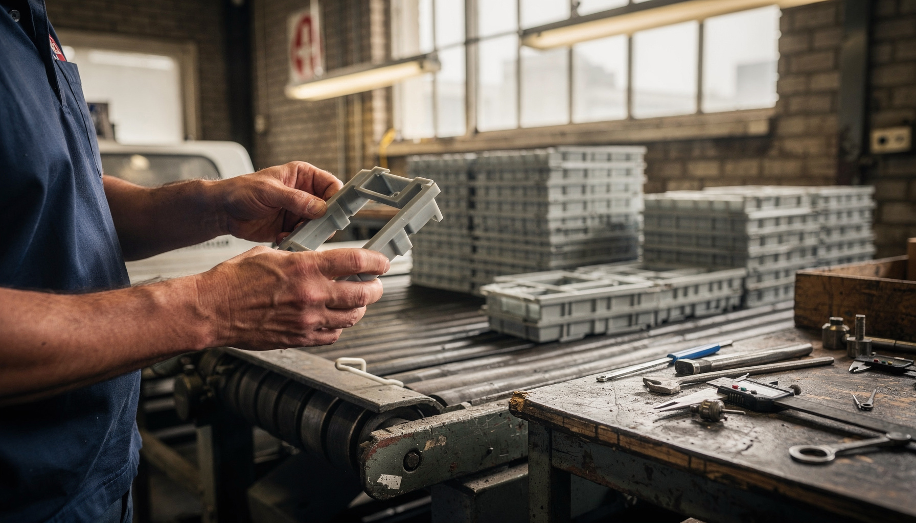 Inspecteur controleert met de hand een kunststof onderdeel op flauwe gebreken bij het daglicht van een fabriekshal.