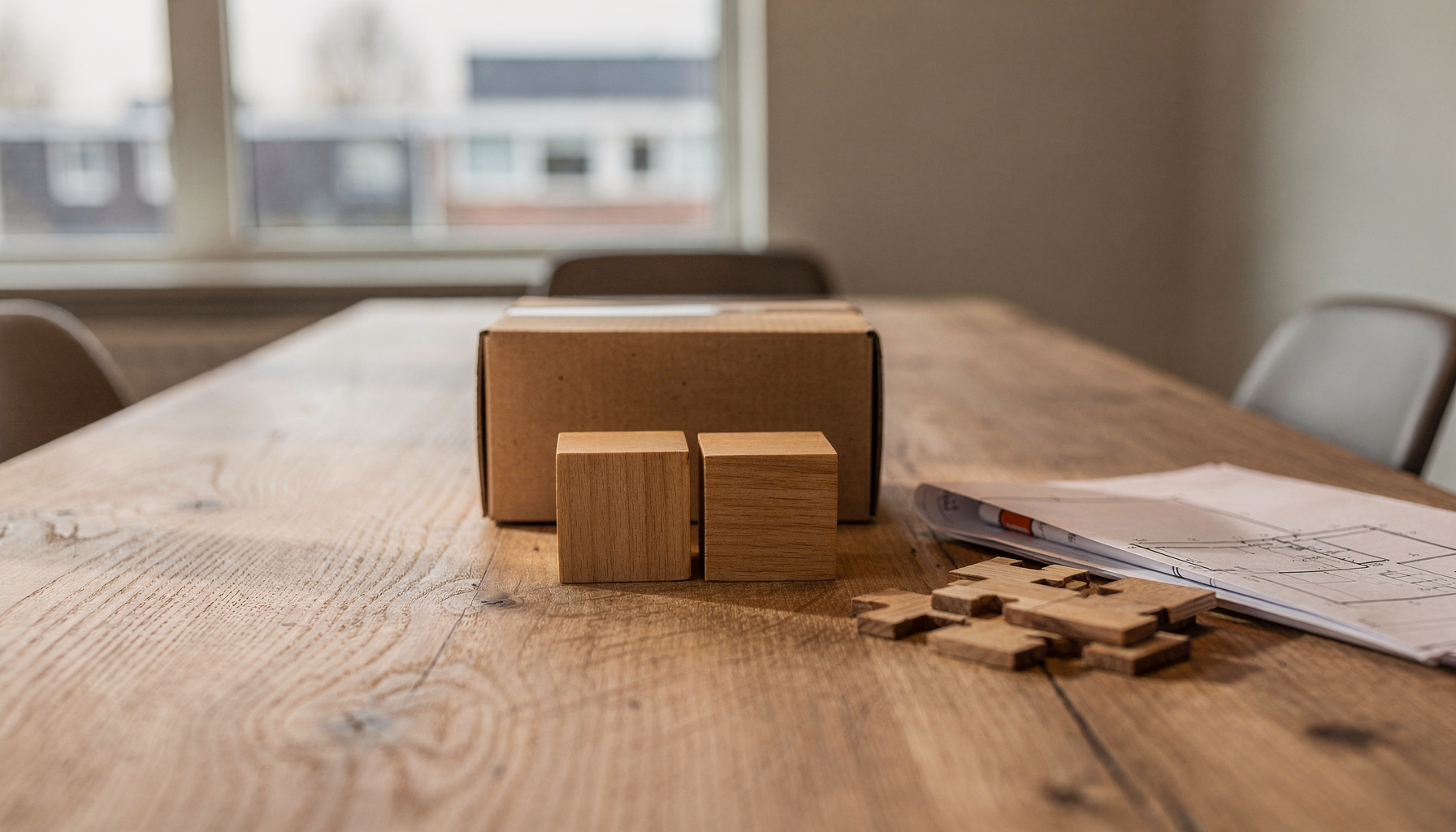 Houten bouwblokjes naast een dichtgeplakte kartonnen doos op een werktafel