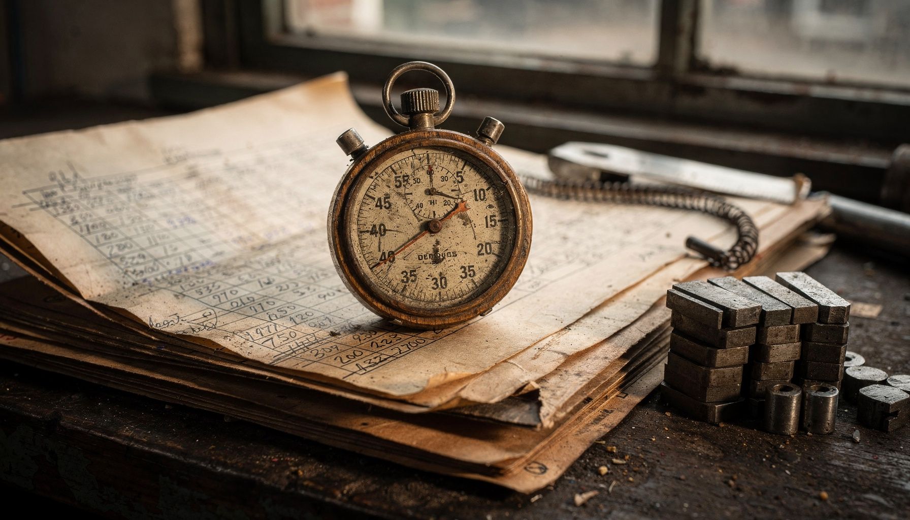 Stopwatch en meetlint liggen op handgeschreven urenstaten naast metalen onderdelen op een werkbank.