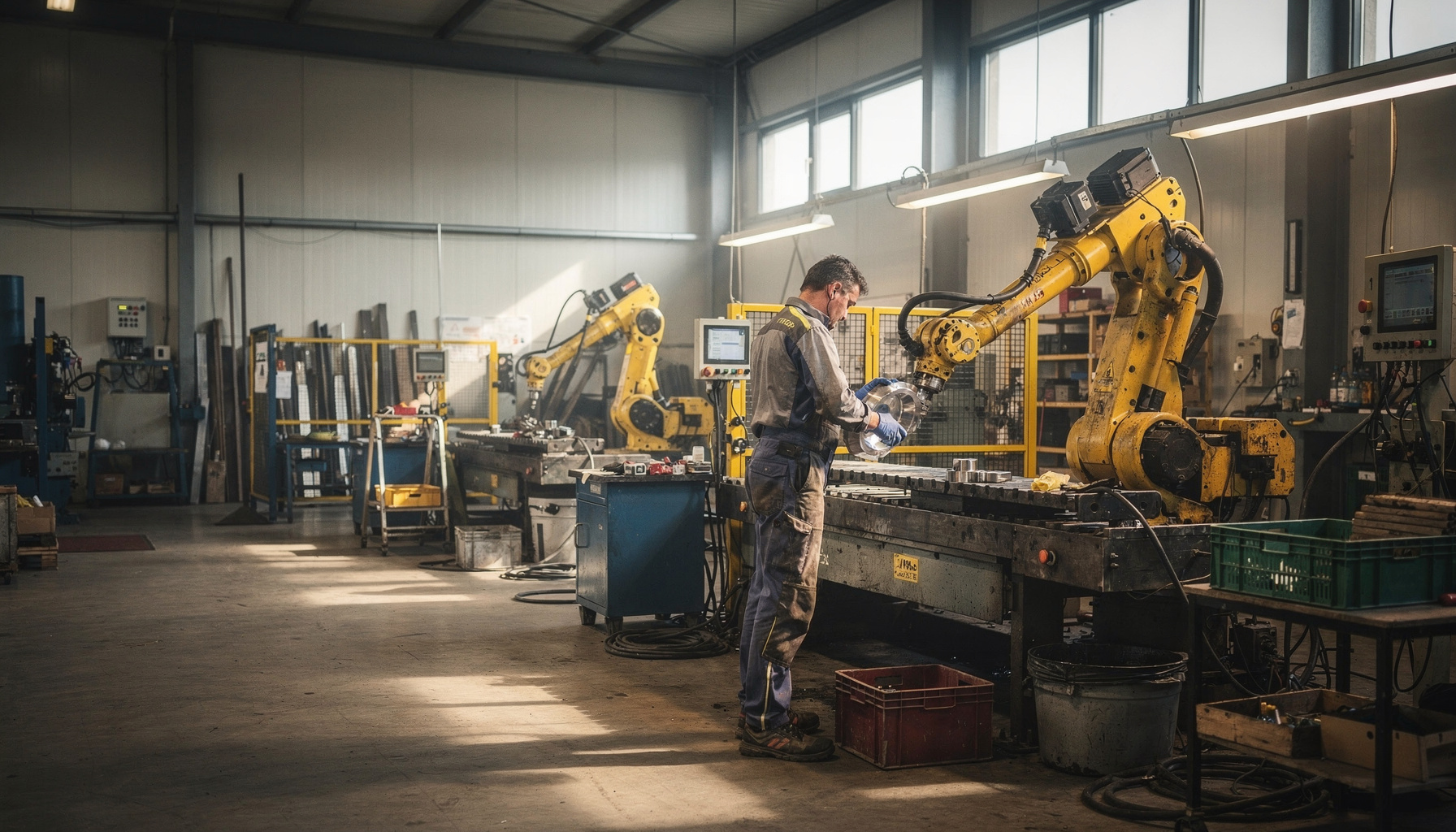 Fabrieksmedewerker inspecteert een onderdeel naast een robotarm op de productielijn