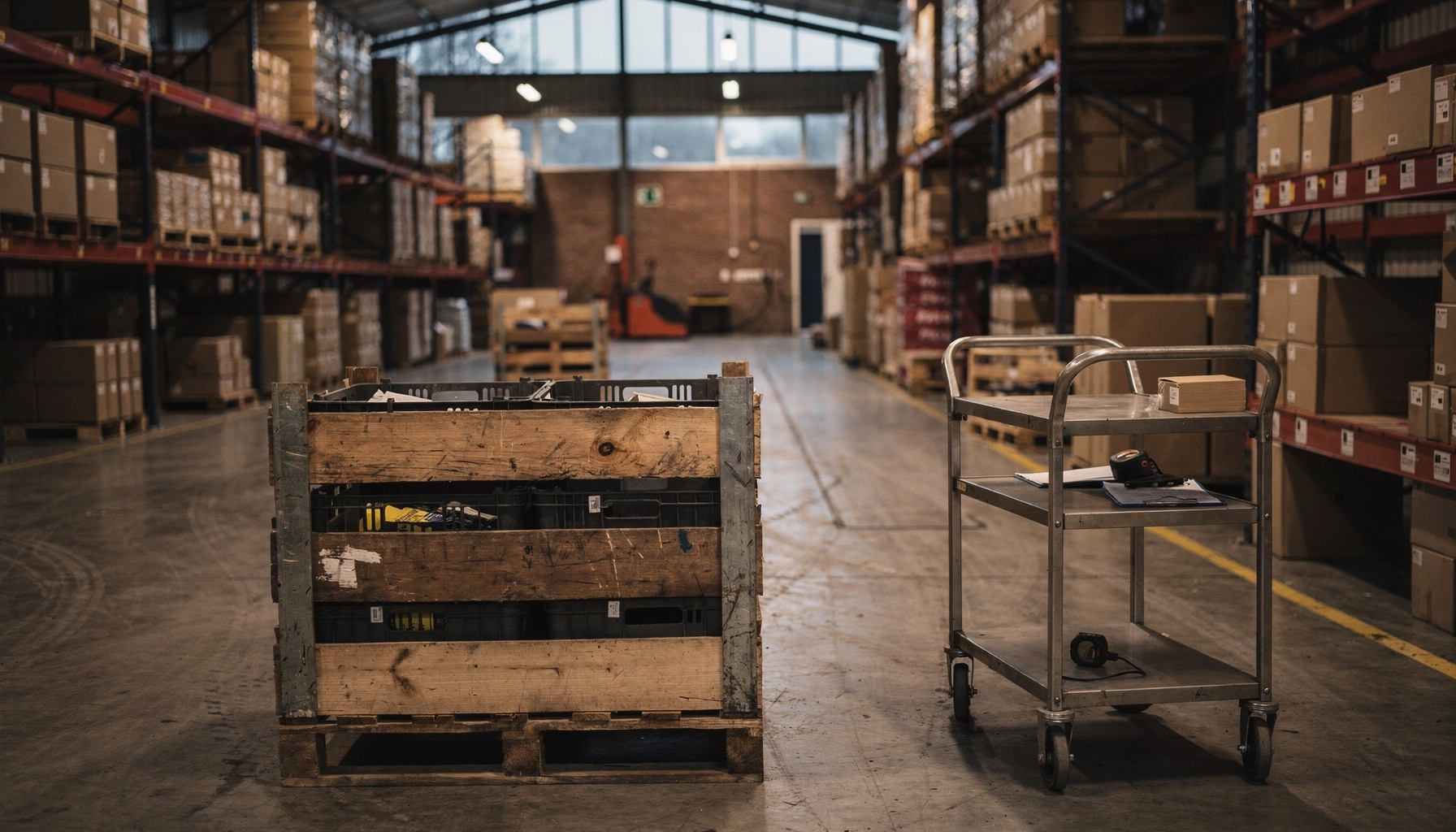 Een magazijnstelling vol dozen en pallets, rustig verlicht, zonder mensen in beeld.