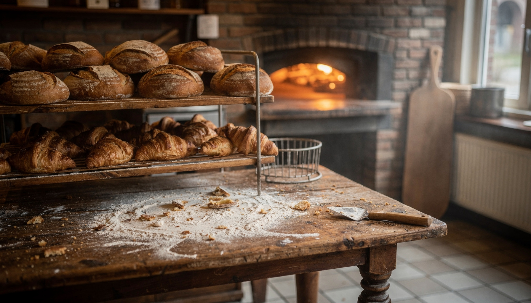 Verse broden en croissants op houten rekken in een bakkerij met bebloemd werkblad en warme ovengloed.