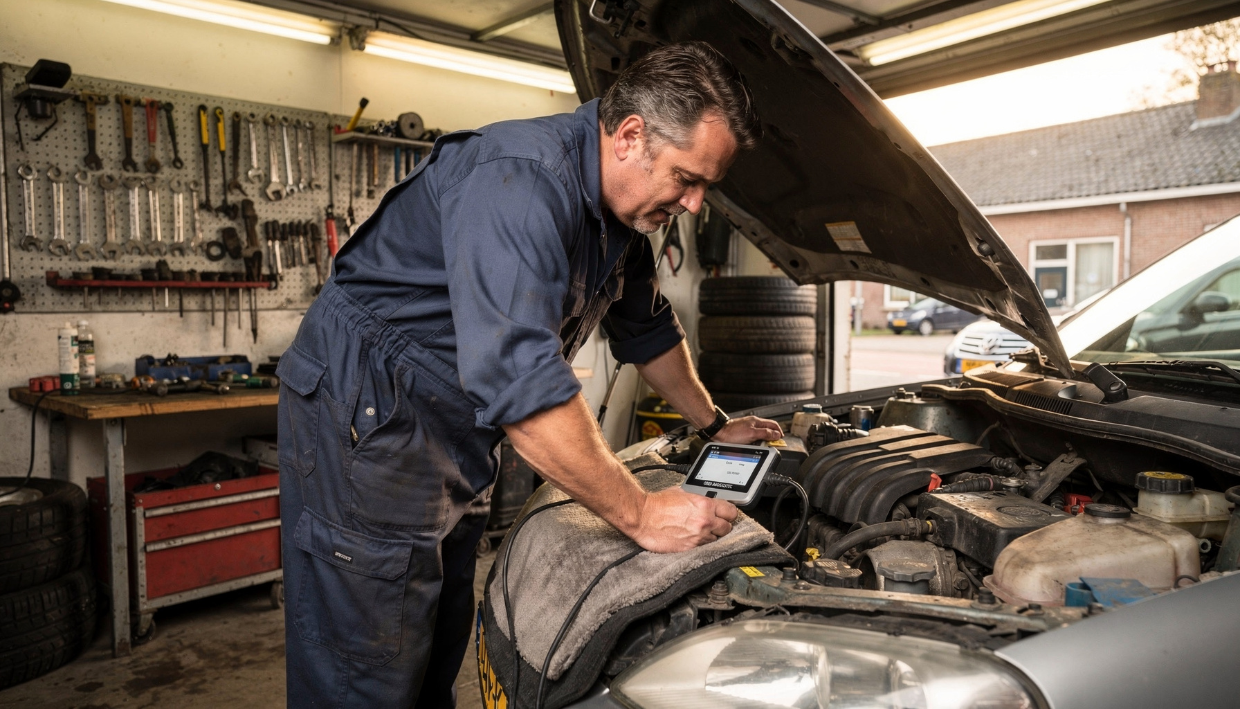 Monteur sluit een diagnoseapparaat aan op de motor van een auto in een werkplaats.