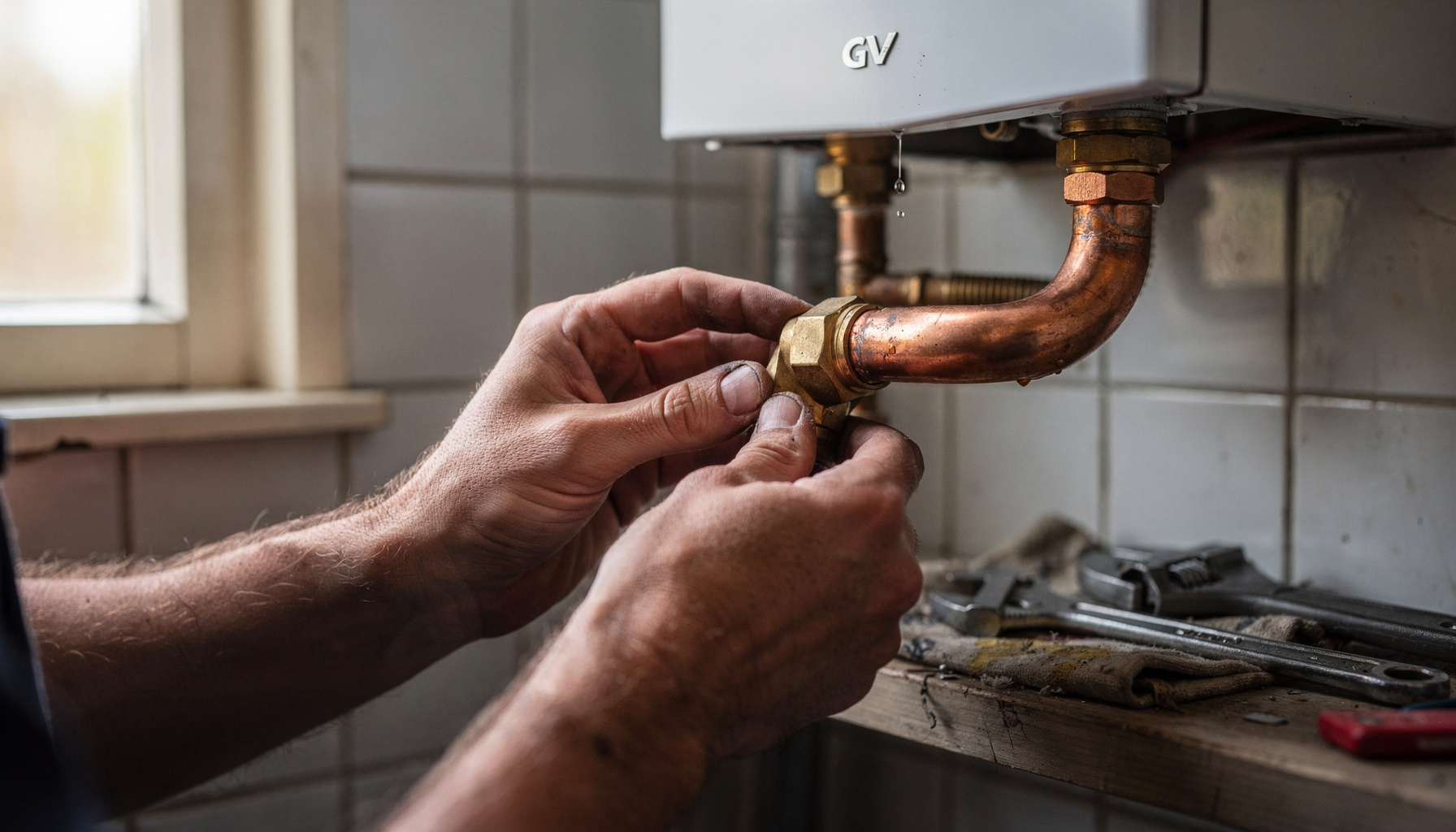Close-up van handen die een koperen leidingkoppeling monteren aan een cv-ketel tijdens installatiewerk.