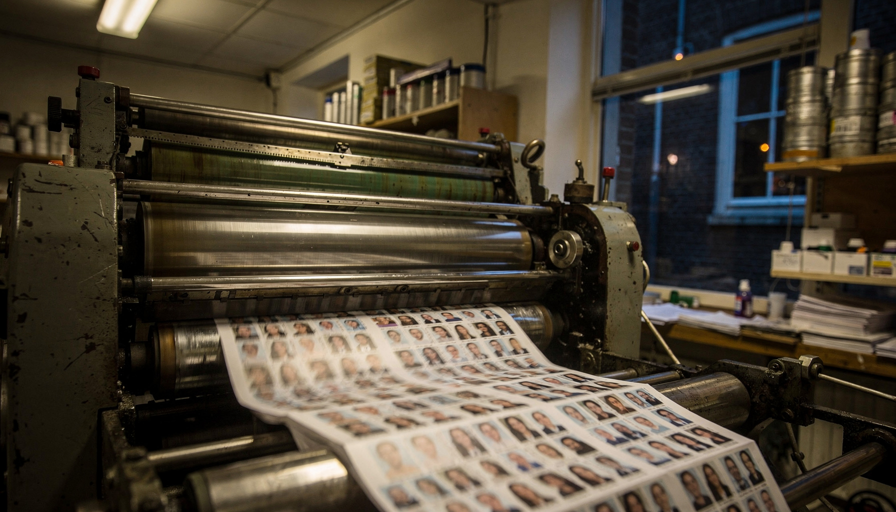 Drukpers verwerkt vellen met kleine pasfoto's, een beeld van massale verwerking van persoonsgegevens.