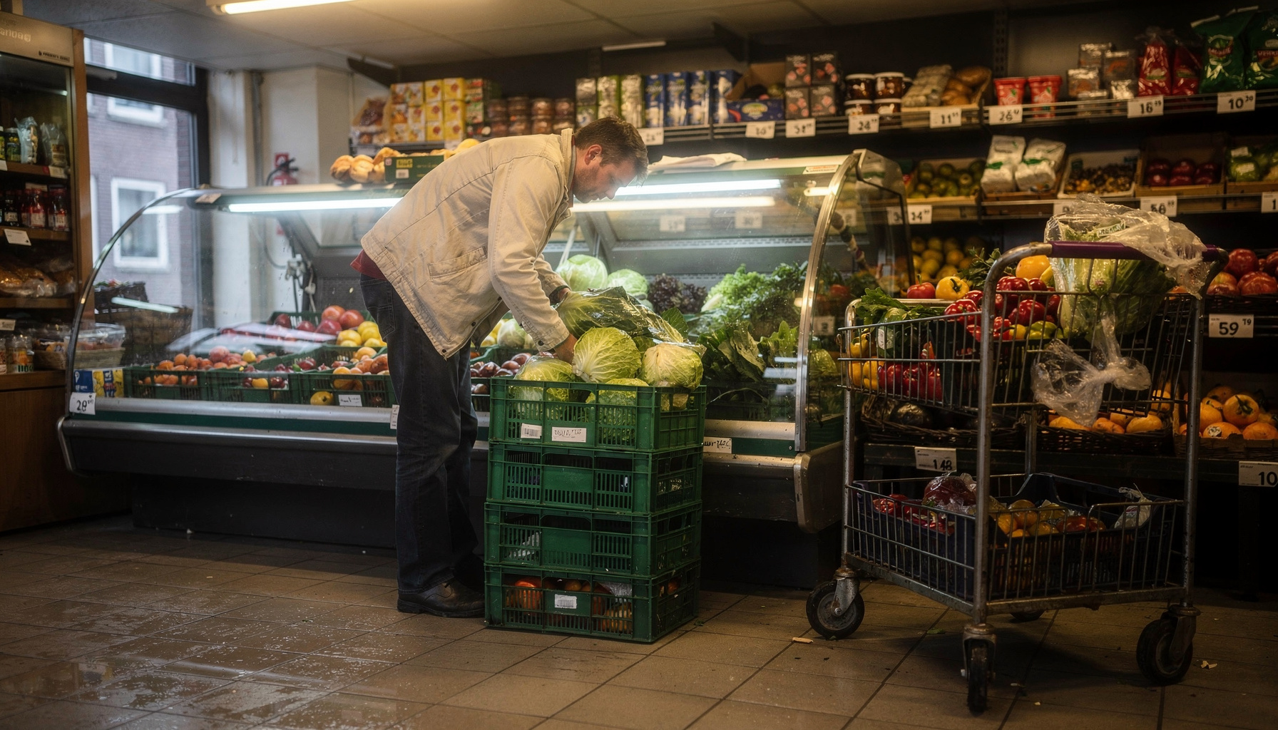 Medewerker vult vroeg in de ochtend de vakken met verse groenten in de supermarkt