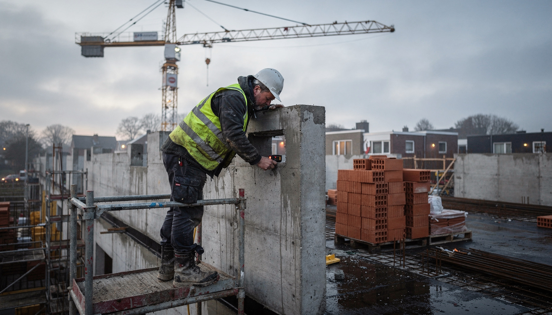 Bouwvakker meet op de steiger de voortgang van een nieuwbouwwoning bij ochtendlicht.