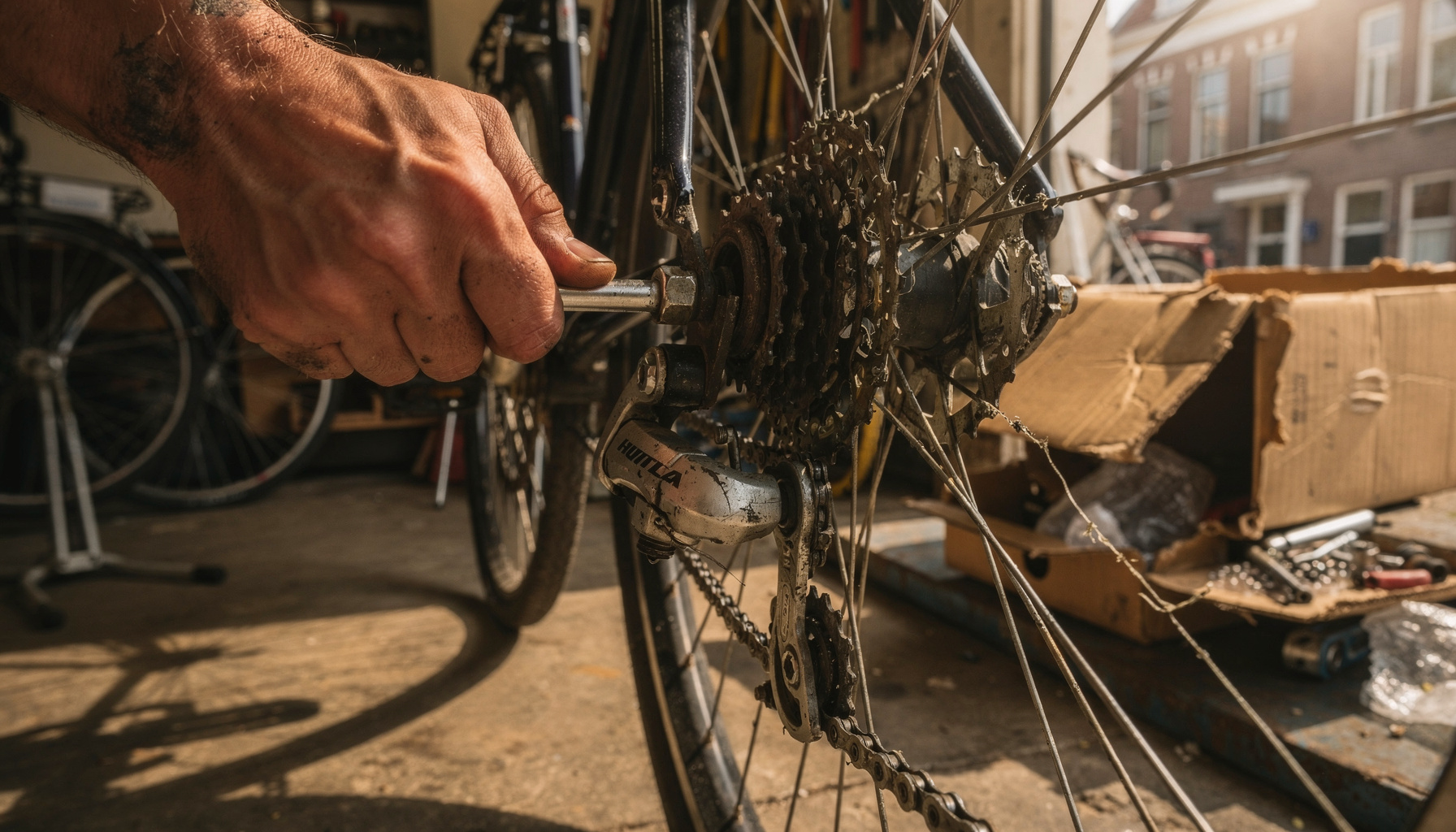 Close-up van een fietsenmaker die met een inbussleutel de derailleur van een fiets afstelt in de werkplaats.