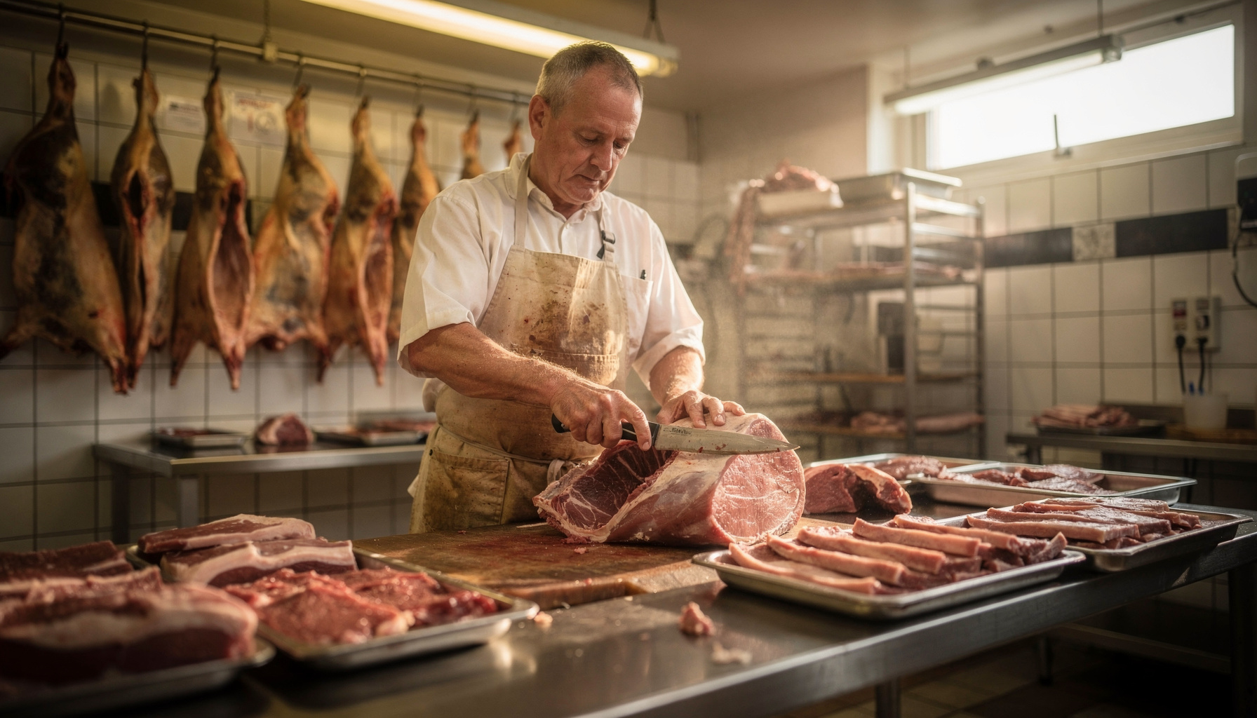 Slager snijdt vroeg in de ochtend vakkundig vlees op een roestvrijstalen tafel in de werkplaats.