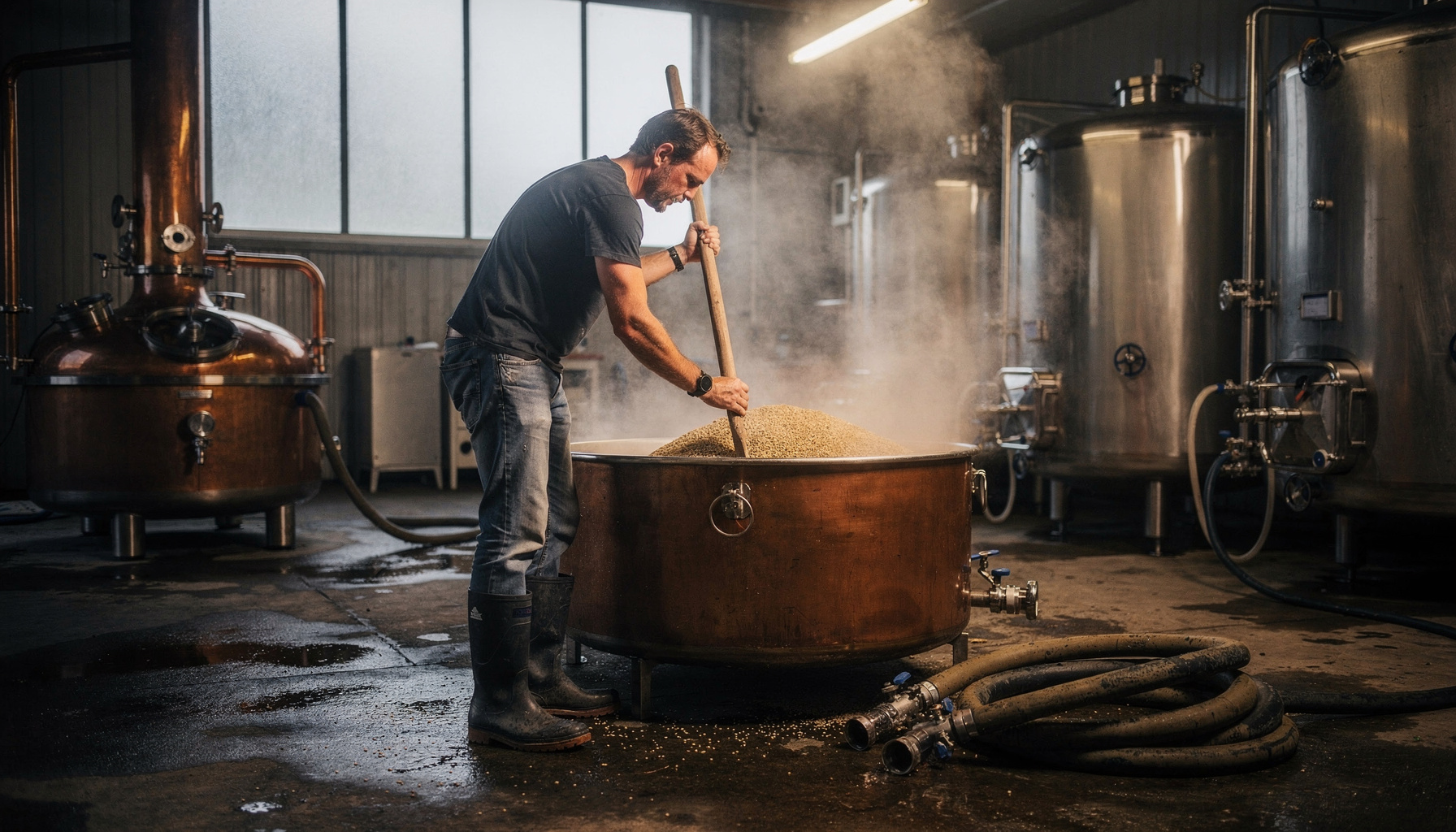 Brouwer roert met een paddel in een dampende maischketel tussen koperen brouwketels.