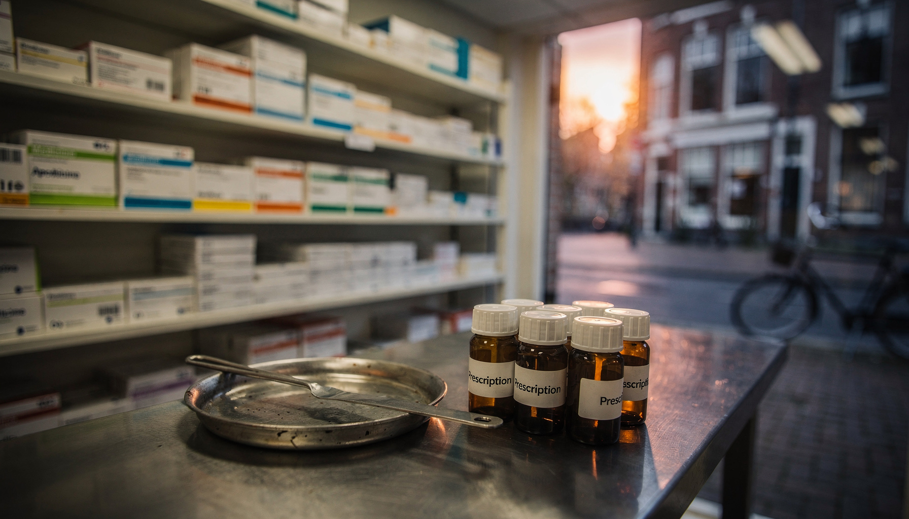Geordende schappen met medicijndozen en pillenbakjes in een apotheekmagazijn bij avondlicht.