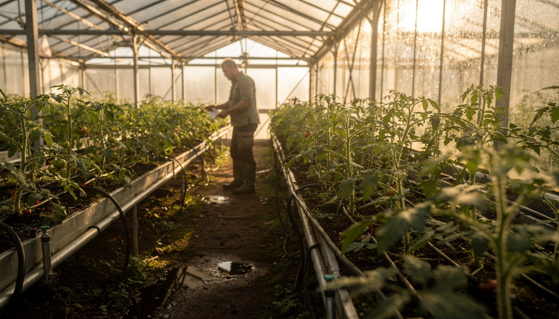 Een teler loopt tussen de rijen tomatenplanten en controleert de druppelslangen in de kas.