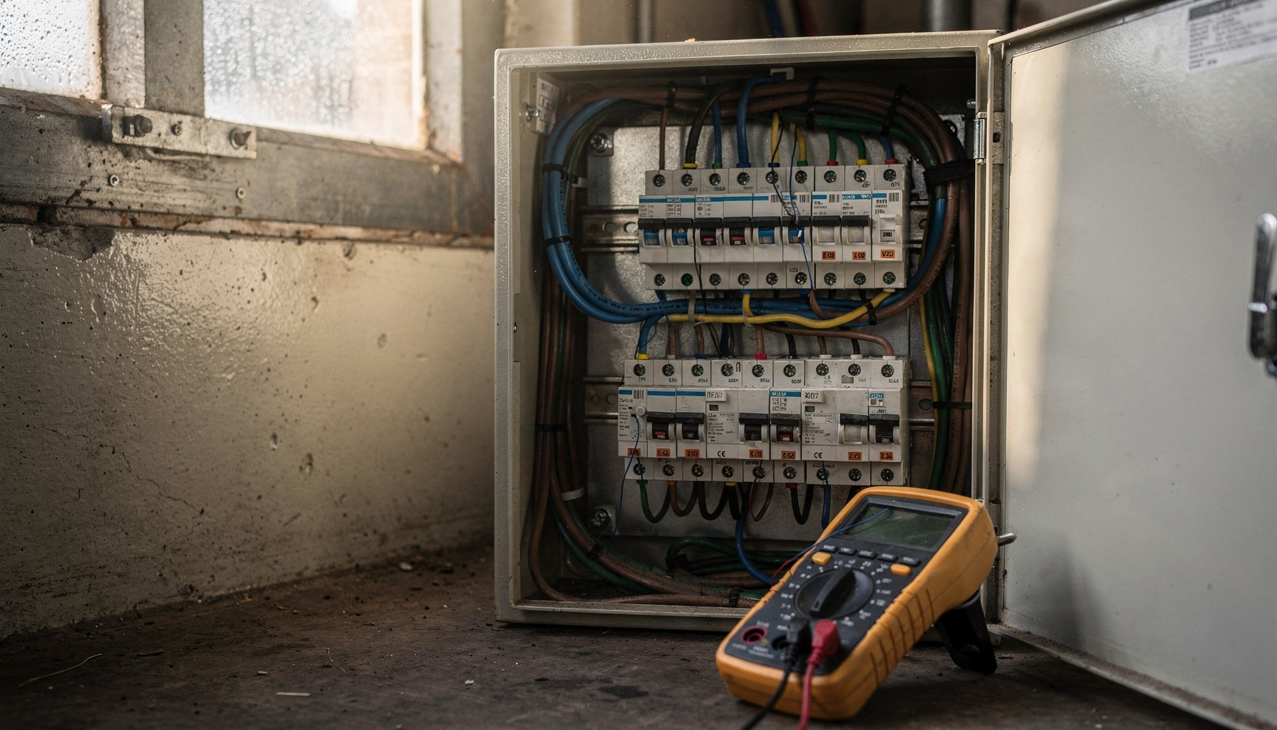 Close-up van een elektriciteitskast met vier rijen stroomonderbrekers en netjes gebundelde bekabeling in een werkplaats.