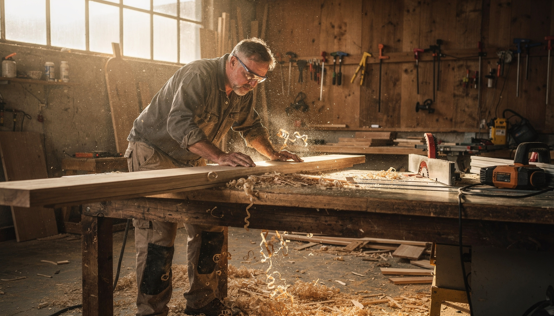 Vakman werkt geconcentreerd aan een houten plank op een zaagtafel vol houtkrullen in een meubelmakerij.