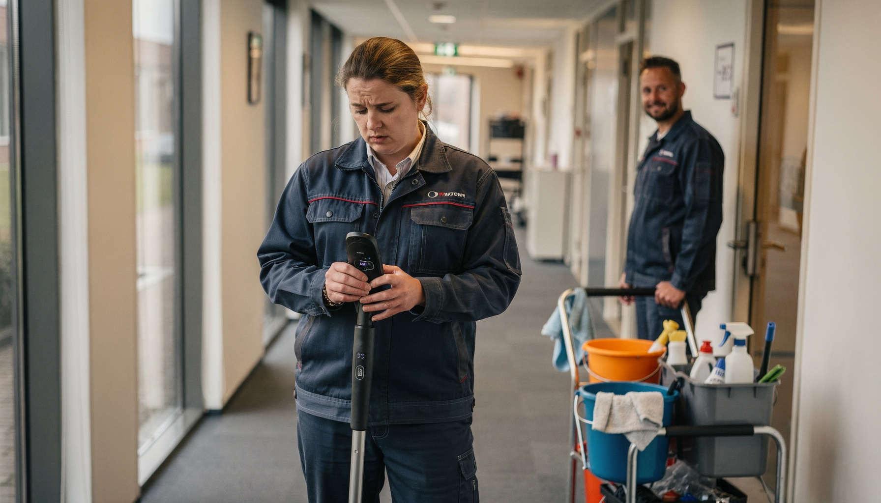 Schoonmaakmedewerker bekijkt een nieuwe mopuitrusting op de gang tijdens de vroege ochtendploeg