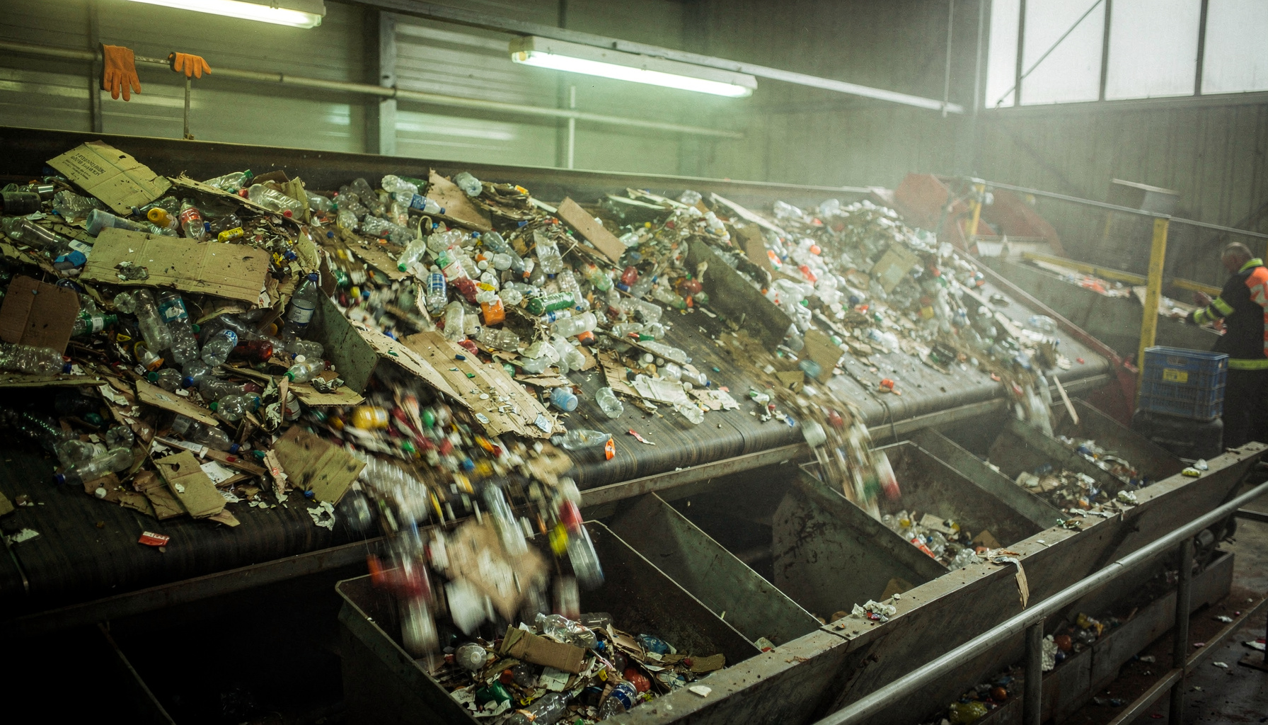 Gesorteerde stroom plastic en karton beweegt over de lopende band in een recyclingbedrijf.