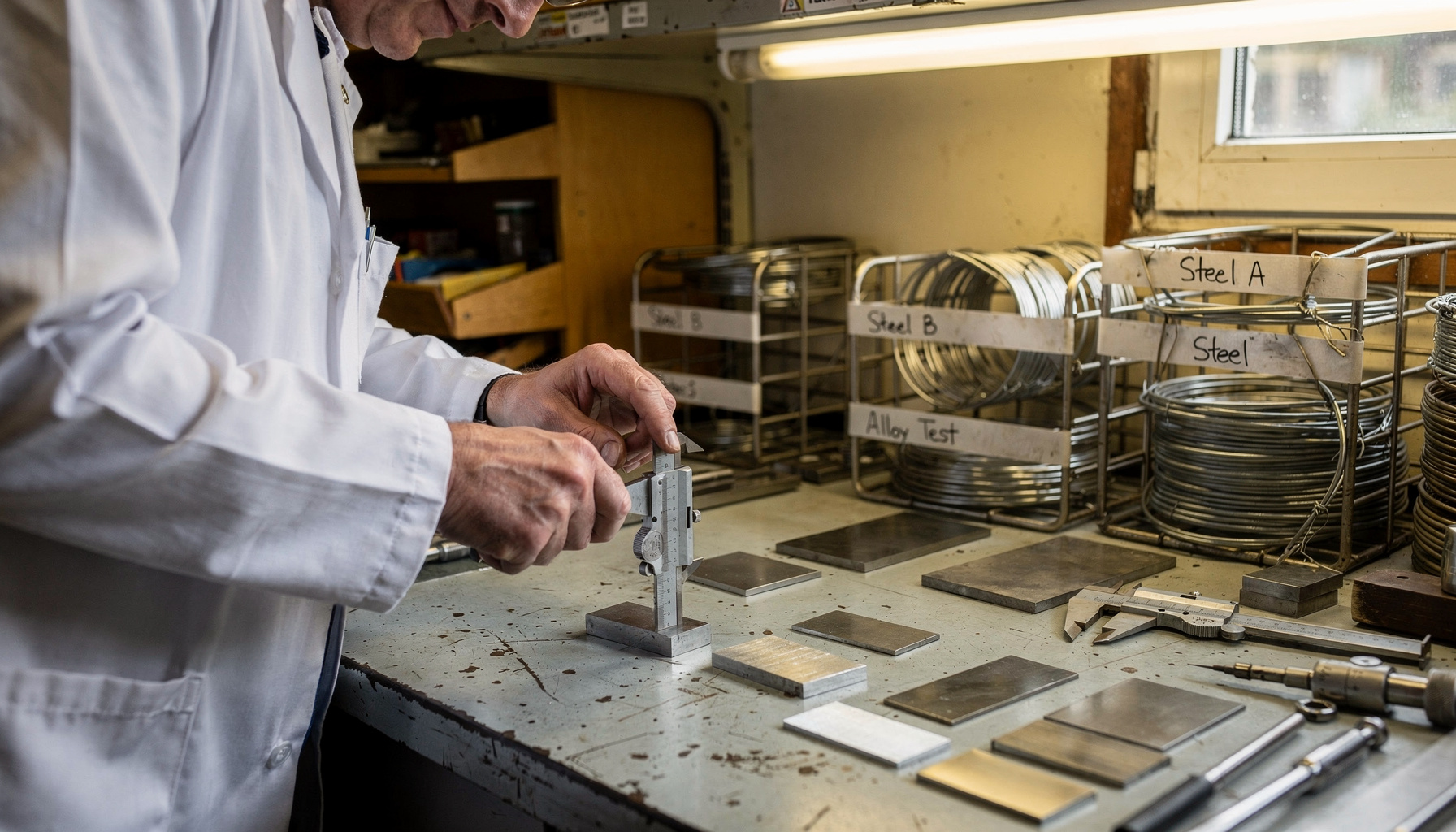 Laboratoriummedewerker meet een metalen testmonster op met een schuifmaat tussen rekken vol materiaalstalen.