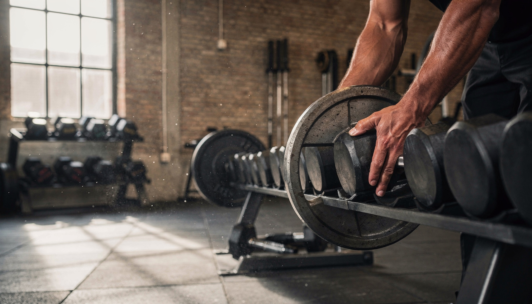 Trainer schuift een zware gewichtsschijf op een barbell in een lichte sportschool met rubberen vloer.