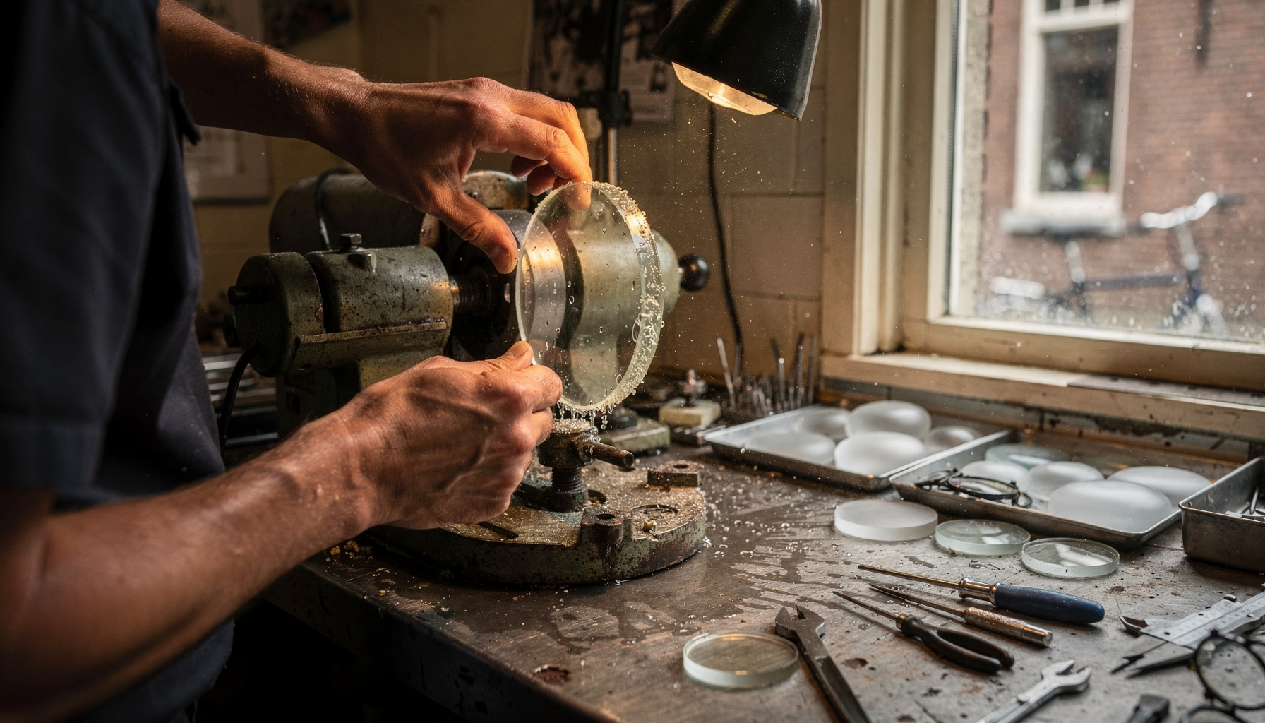 Opticien slijpt zorgvuldig een brillenglas op maat in de werkplaats van de zaak.