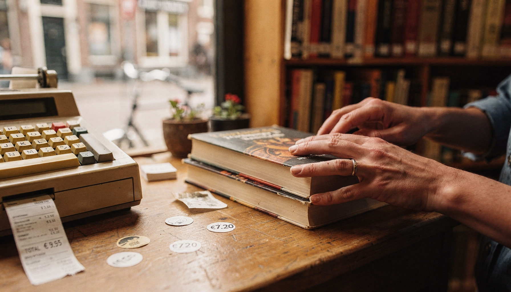 Close-up van handen die een stapel boeken tellen bij de kassa van een boekhandel.