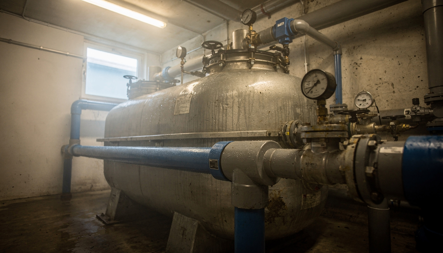 Filtertank met leidingen en drukmeters in een zwembadtechnische ruimte, verlicht door een vage blauwe gloed.