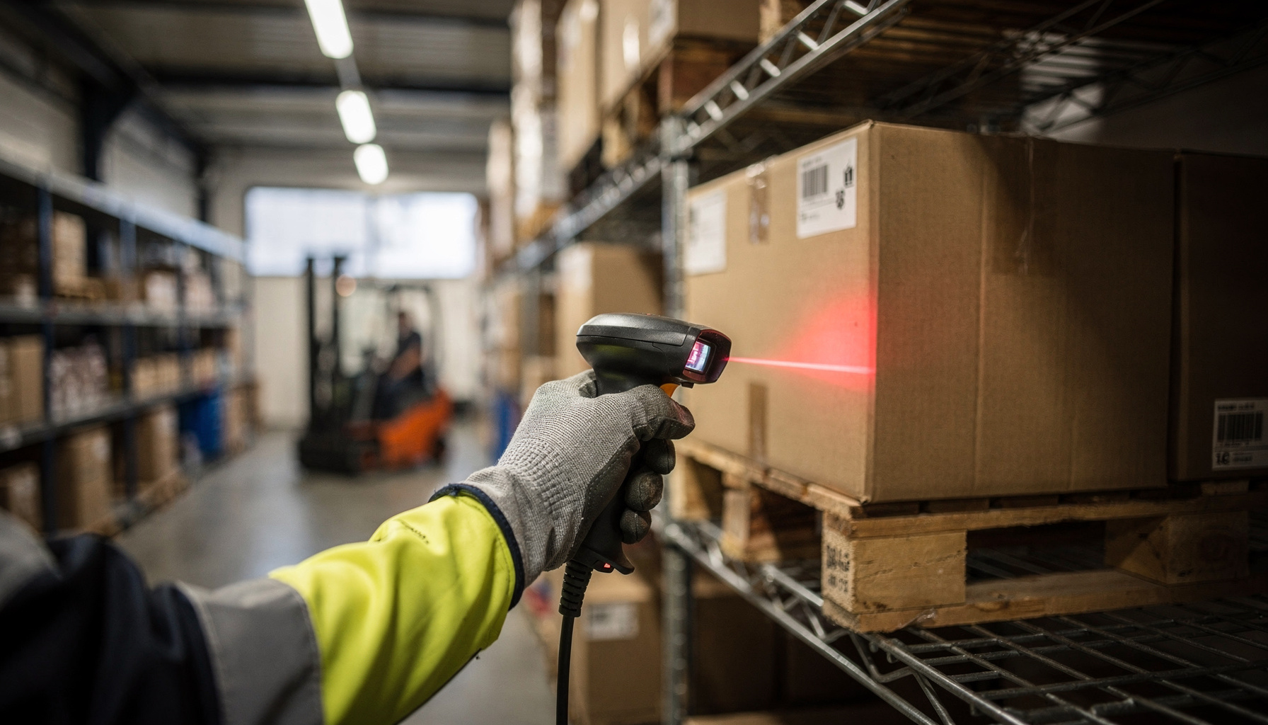 Een handscanner richt een laserstraal op een doos tijdens het picken van een order in het magazijn.