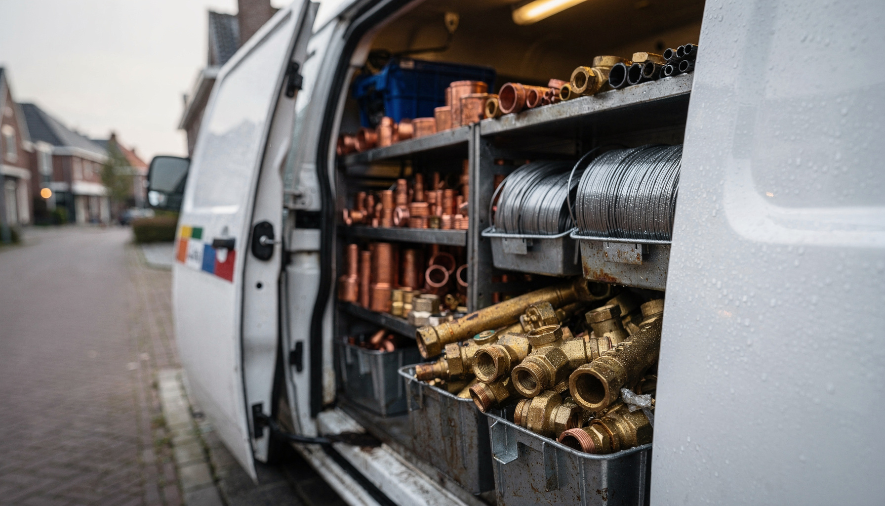Geopende schuifdeur van een loodgietersbus met overzichtelijk gevulde vakken vol koppelingen en leidingmateriaal.