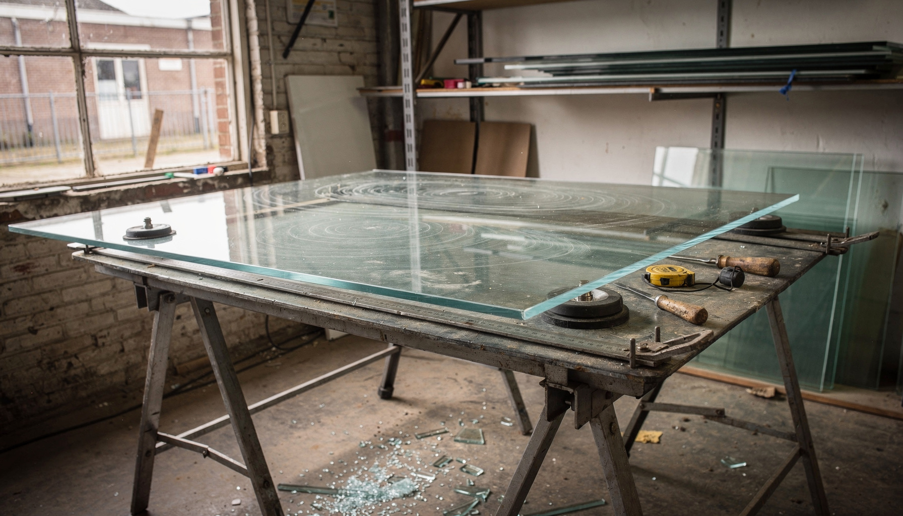 Een glasplaat op een zuignaphouder in een glaszetterij, met meetlint en glassnijder op een metalen werktafel.
